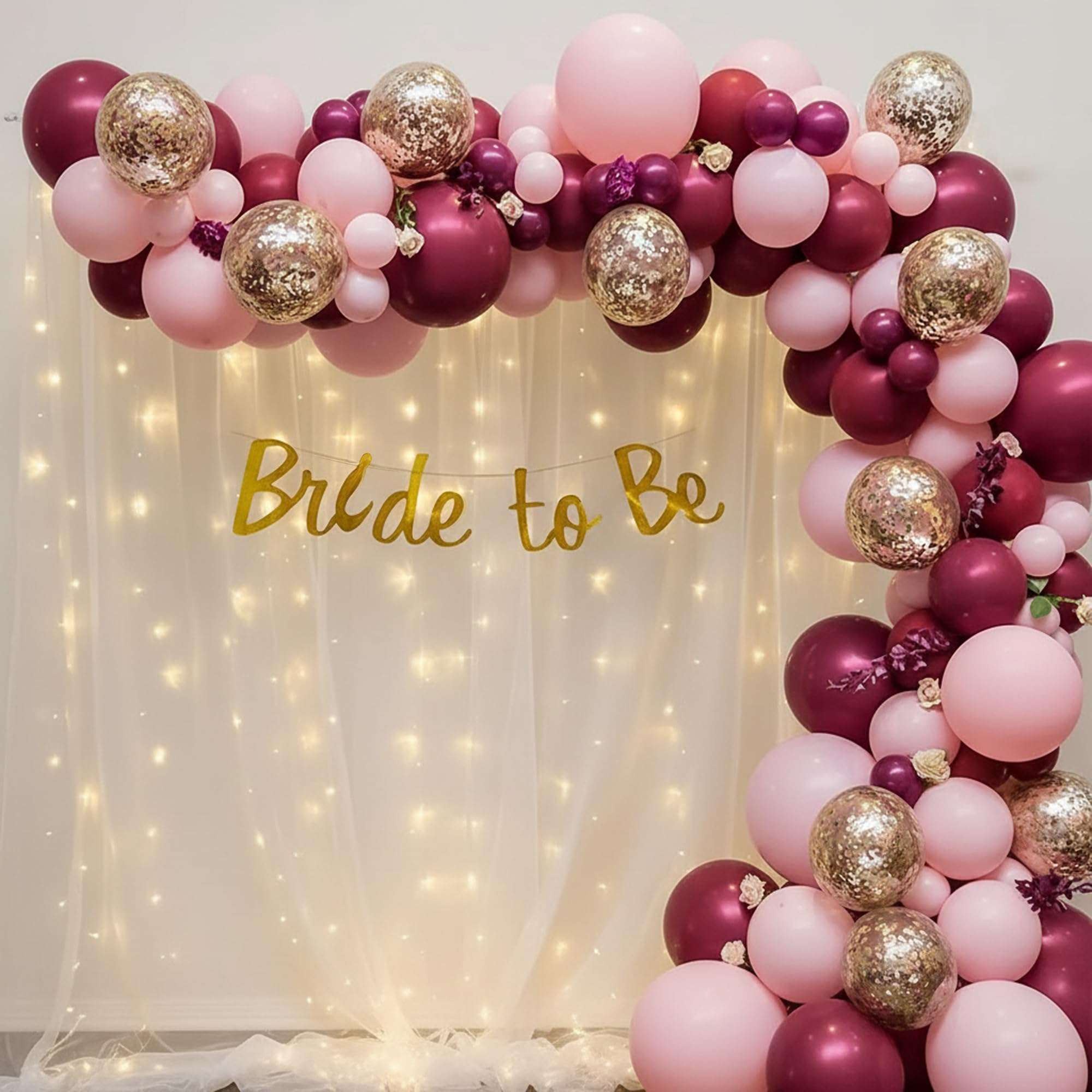 SpecialYou.in Rose Gold Theme Bride to Be DIY Decoration Kit Combo for Girls with Net Fabric Backdrop,Decorative Lights (40Ft Long) & Balloons,Bridal Shower Decorations Items,Photobooth Decorations 1
