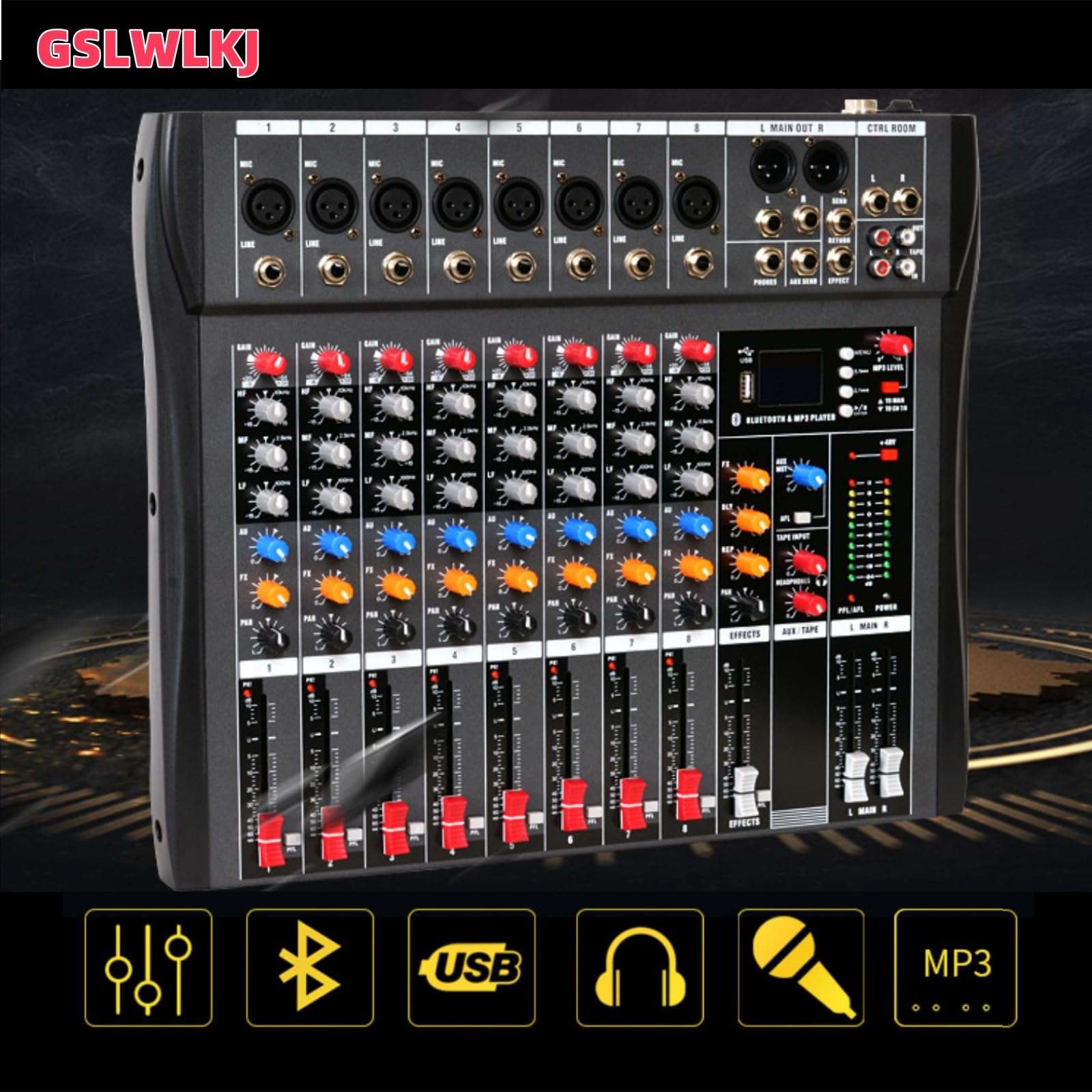 8 Channel Professional Digital Mixer Sound Board Console Bluetooth Live Studio Audio Mixer Power Mixing USB (110V-220V) 5