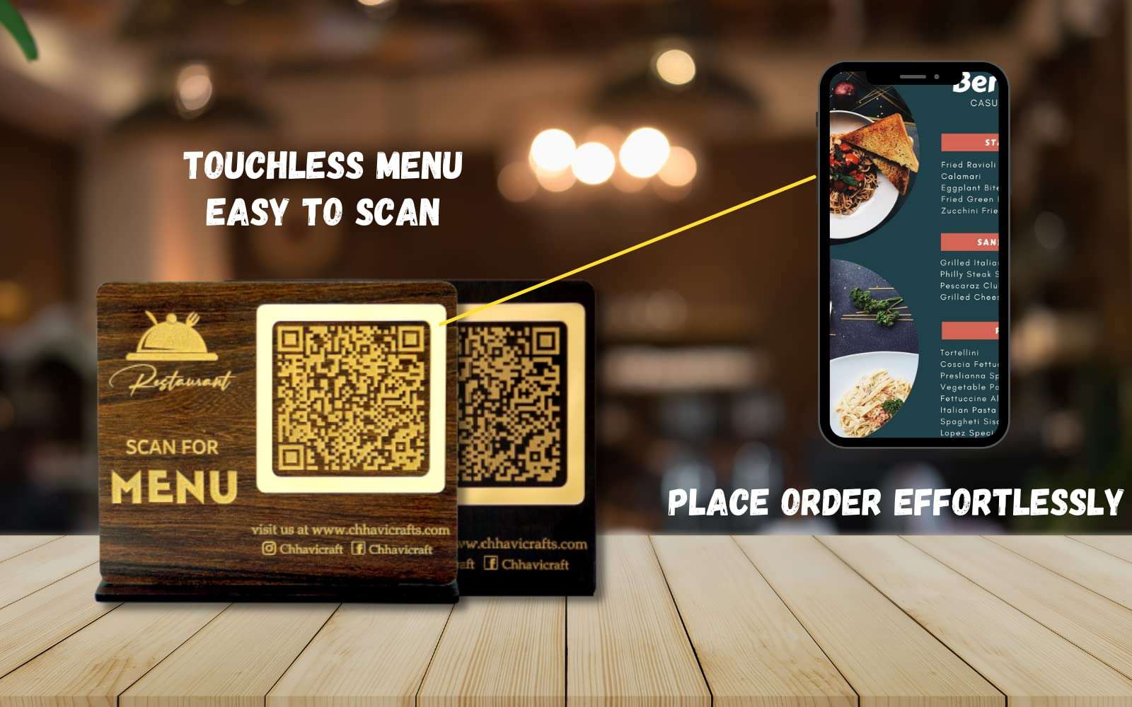 Chhavi Craft QR Code menu stand wooden Menu Customizable QR Code Menu stand For Restaurants Cafe Bar Hotels Digital Menu Touchless Menu stand for table With Free Digital QR Code (Dark wood) 2
