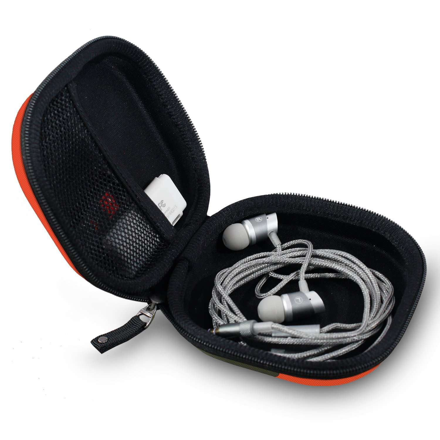 Tizum Earphone Carrying Case - Multi Purpose Pocket Storage with Carabiner Hook, Travel Organizer for Earphones, Pen Drives, Memory Card, Cable (Camouflage Orange) 4