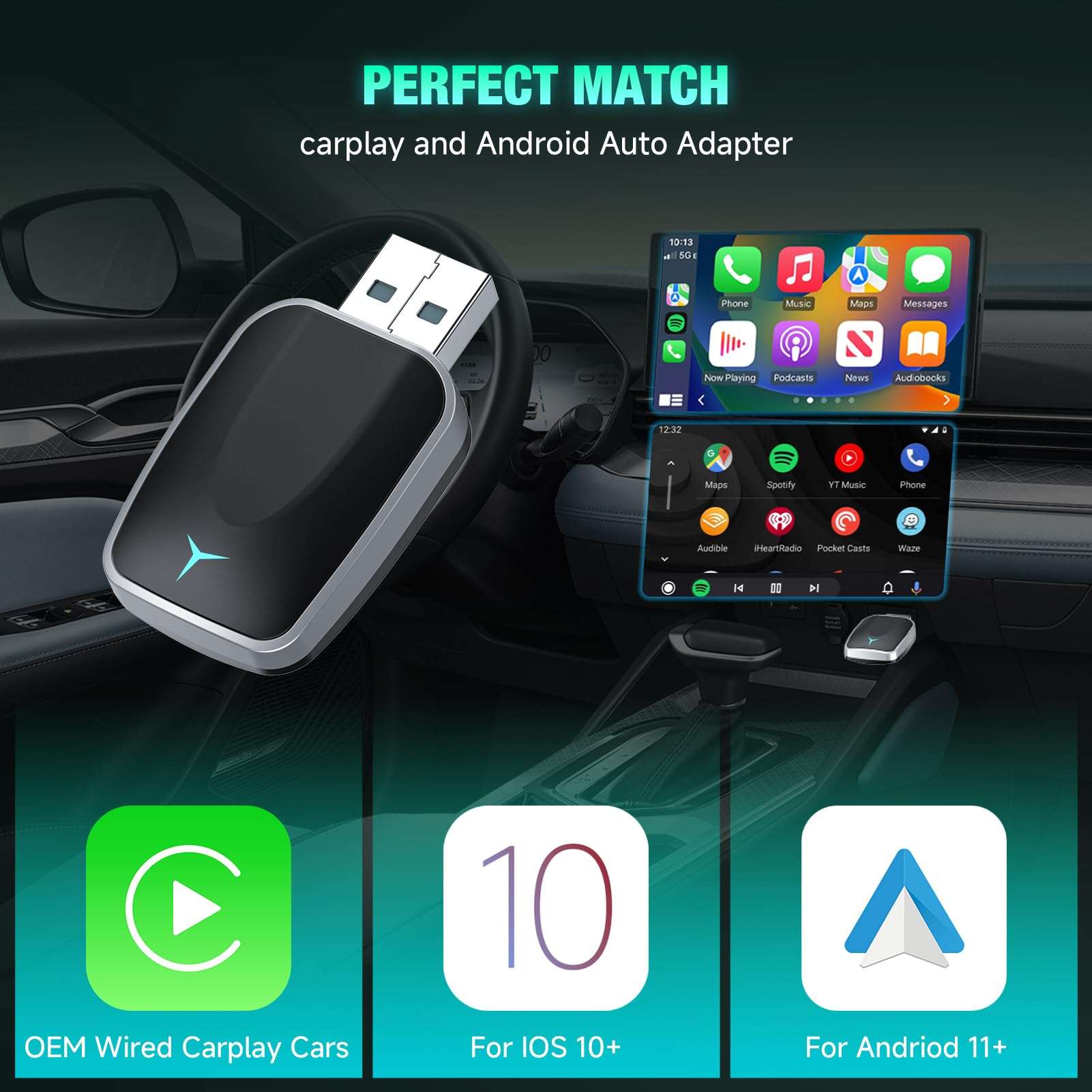 Wireless CarPlay Adapter & Android Auto 2 in 1, 2025 Plug and Play Convert Wired to Wireless Adapter for Apple CarPlay/Android Auto, Bluethooth Stable Low Latency for iOS 10+, Android 11+ USB C/A 4