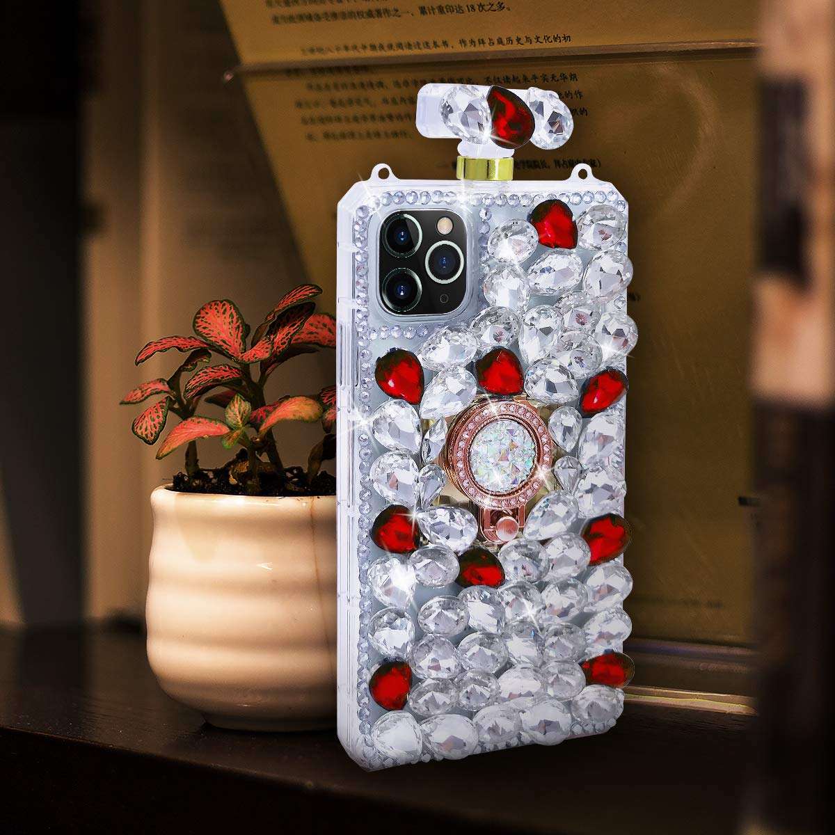 Losin Perfume Bottle Case Compatible with iPhone 12 Pro Max 6.7 inch Case Luxury Bling Diamond Gemstone Perfume Bottle 3D Bling Rhinestones Ring Holder Stand Bracket Soft TPU Case Red 6