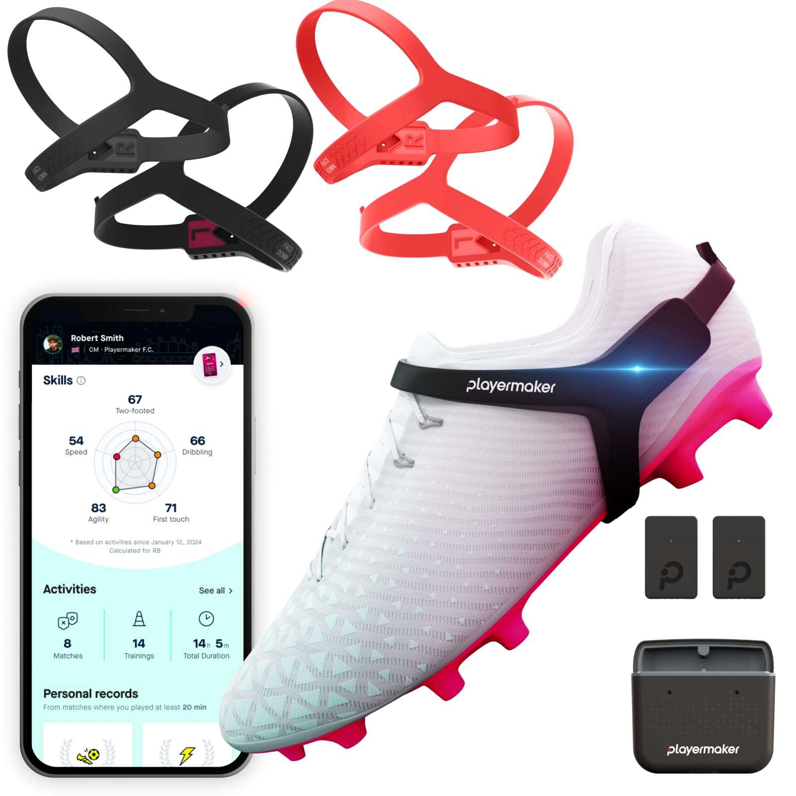 Playermaker 2.0 Soccer Tracker Kit Medium + Red Large Straps, Smart Soccer Tracker for Cleats, Track 25+ Technical & Physical Metrics, Advanced Than GPS