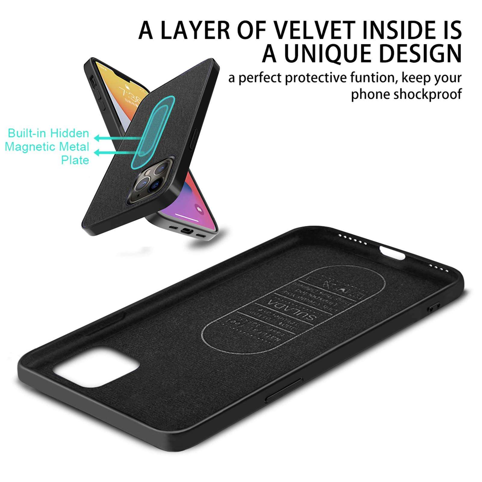 UNIOTEK Magnetic Case Compatible with iPhone 11 Pro Max,[Invisible Metal Plate Support Magnetic Car Mount][Soft Silicone Bumper&Fabric Texture Back] Shockproof Ultra Slim Protective Cover-Black 4