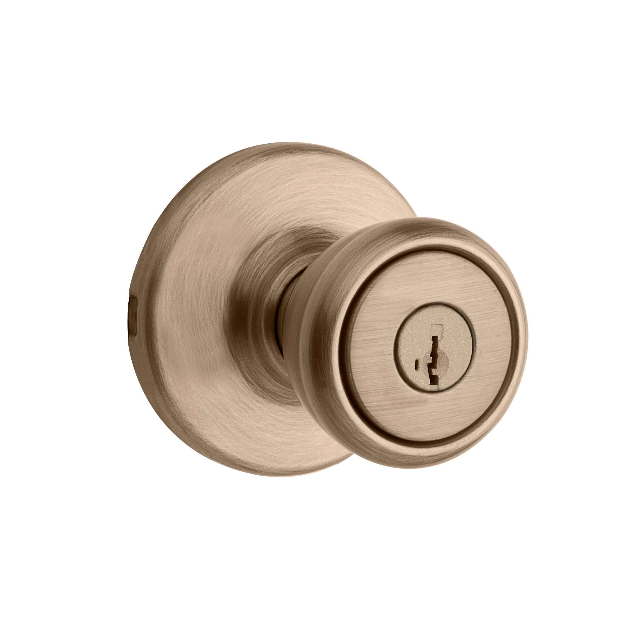 Kwikset Tylo Entry Door Knob with Lock and Key, Secure Keyed Handle Exterior, Front Entrance and Bedroom, Antique Brass, Pick Resistant SmartKey Rekey Security and Microban 1