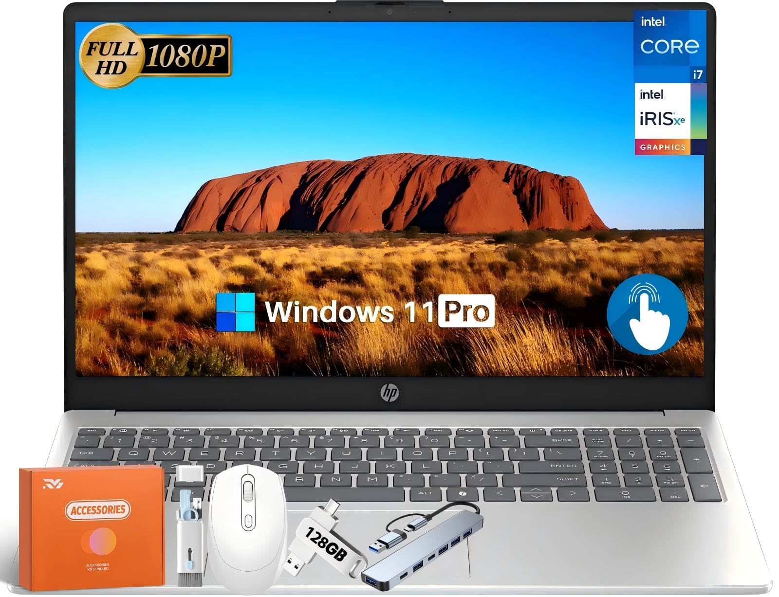 HP 15.6" FHD Touchscreen Business Laptop, 13th Gen Intel 10-Core i7-1355U, 64 GB RAM, 2 TB SSD, Intel Iris Xe Graphics, Wi-Fi 6, Long Battery Life, Copilot AI, HD Camera, Windows 11 Pro, Accessories