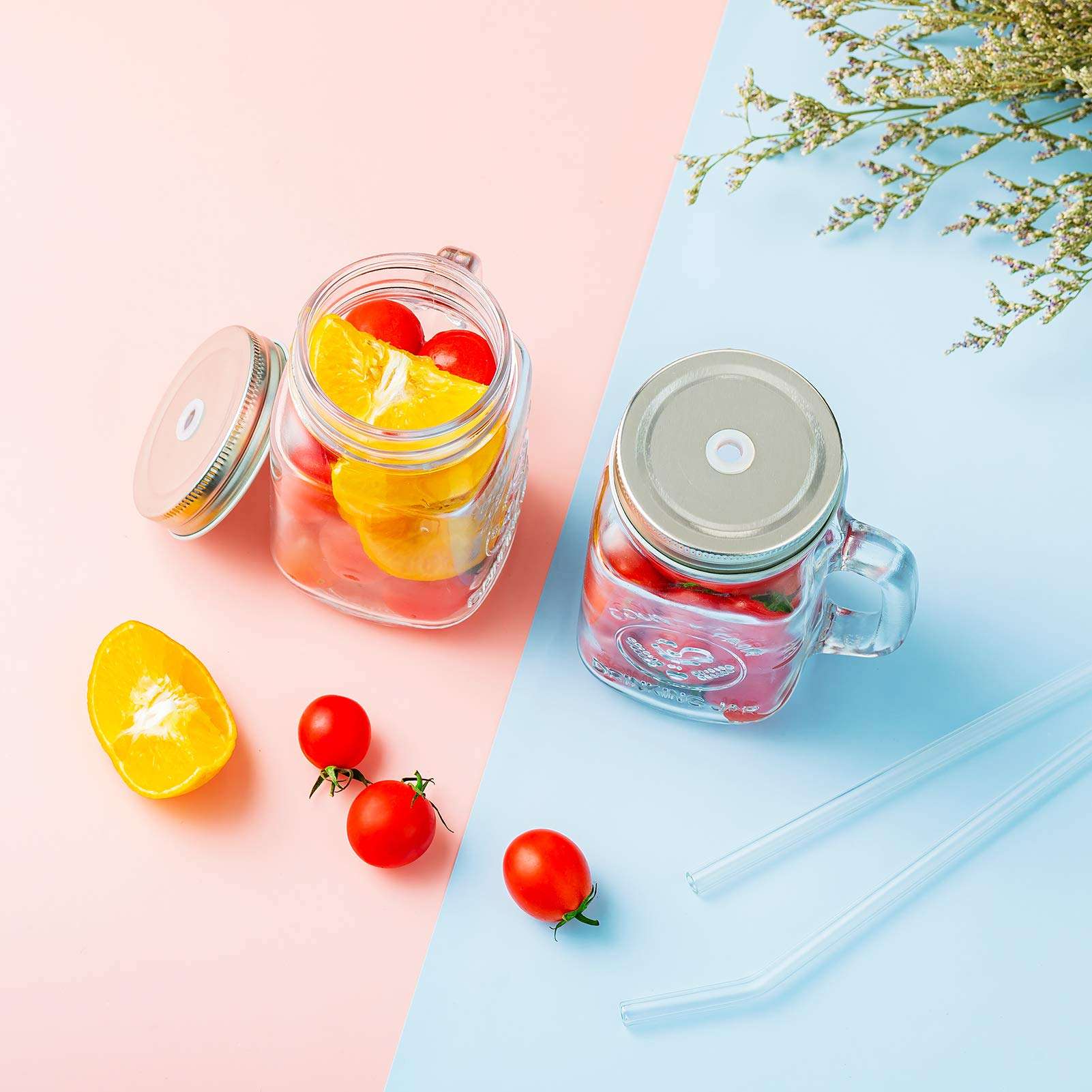 2PCS Mason Jar Lids 17OZ Straw Hole with 3 Reusable Glass Straw, 1 Cleaning Brush Mason Jar Drinking Lids and Straw Boba Cups Coffee Mug Wide Mouth Mason Jars 2