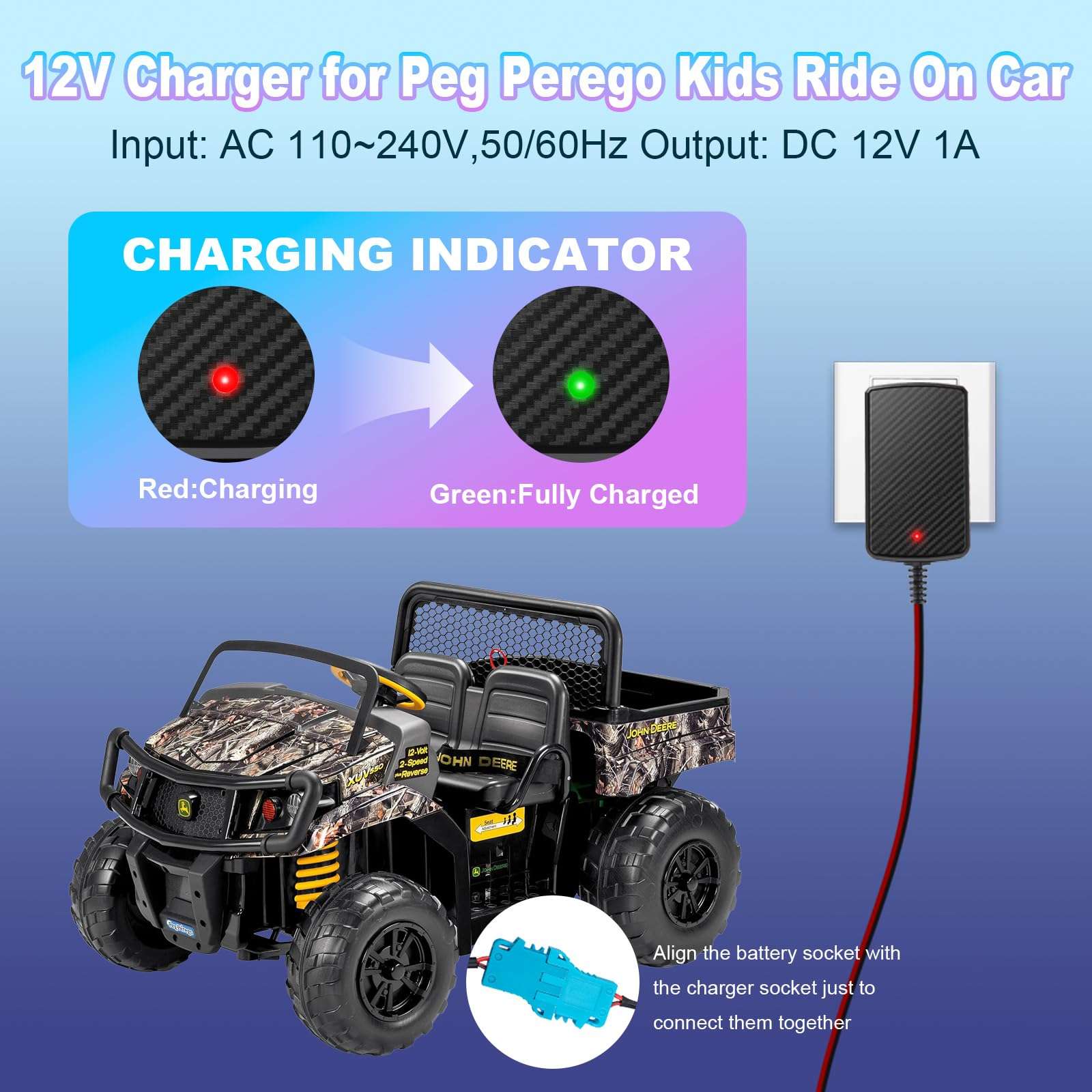 12V Battery Charger for Peg-Perego Johns Deere Ground Force Tractor Gators XUV Polaris Outlaw Citrus RZR 900 Powered 12 Volt Charger for Kids Ride On Electric Car Toys 6