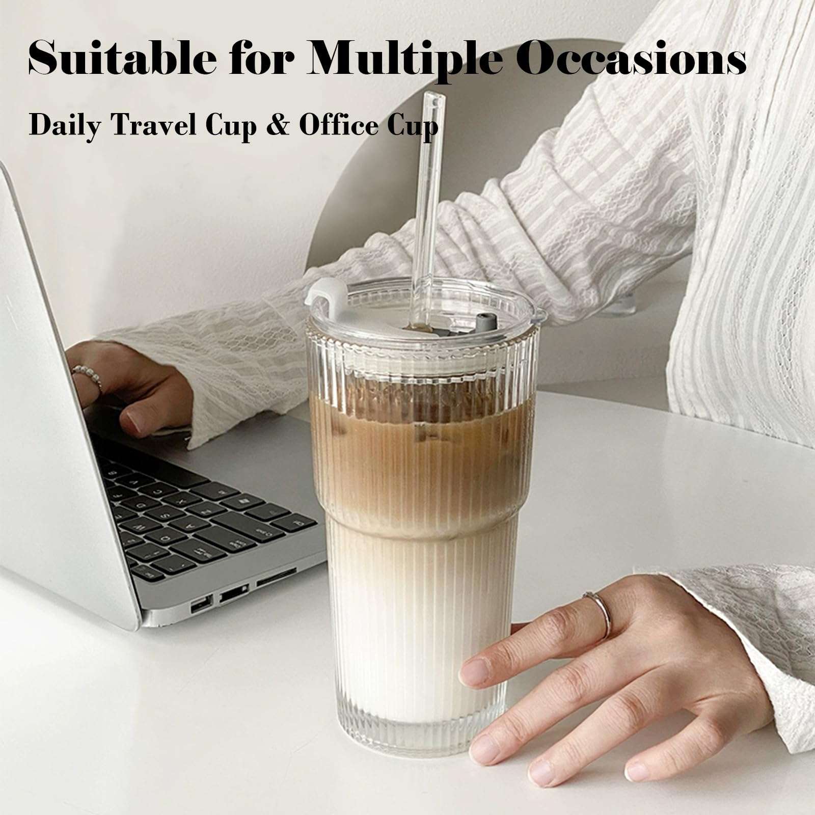 hosck 2 Pack Vertical Stripe Glass Cups, 20 OZ Clear Glass Tumbler with Lid & Straw, Iced Coffee Cup with Lids, Ice Matcha Cup, Dishwasher Safe Drinking Glasses for Coffee, Juice, Tea, Matcha 6