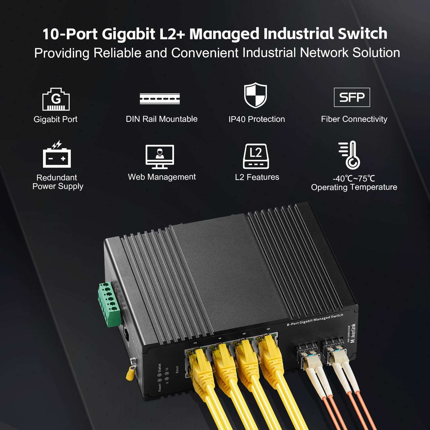 MokerLink 8 Port Gigabit Industrial DIN-Rail Ethernet Switch Managed, 2 SFP Ports, 20Gbps Switching Capacity, Web L2+ Managed IP40 Network Switch (-40 to 185°F), with Power Supply 2