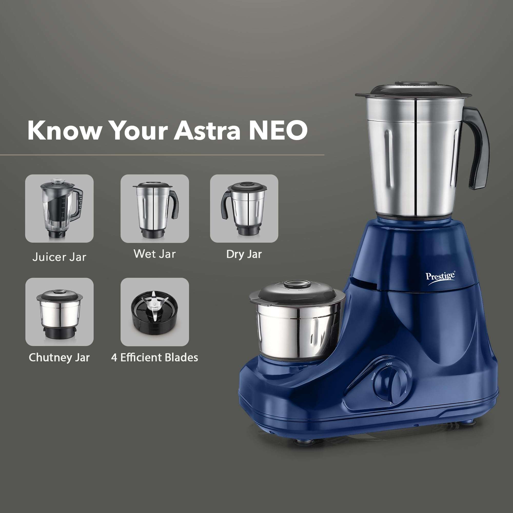 Prestige Astra Neo 750 Watt Mixer Grinder with 4 Jars (3 Stainless Steel + 1 Juicer) | Space-Saving Stacking Design | Super Efficient SS Blades | Blue |2Y Warranty | ISI Certified 3