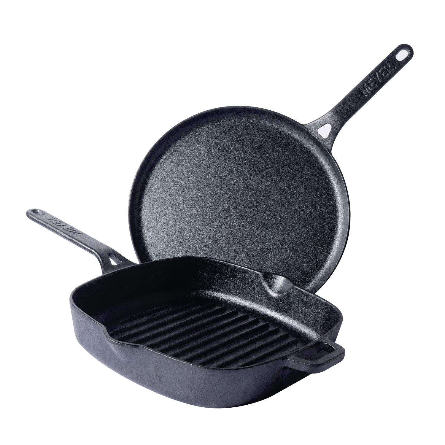 Meyer Pre-Seasoned Cast Iron 2 Piece Cookware Set - 25cm Grill pan + 28cm Flat Dosa Tawa | Iron Utensils for Cooking | Induction Cast Iron Combo | Cookware Set Combo Offer for Kitchen, Black 1