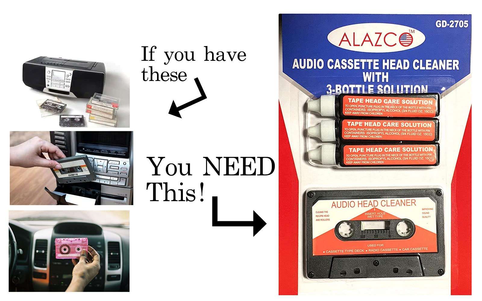 Audio Tape Cassette Head Cleaner w/ 3 Cleaning Fluids Care Wet Maintenance Kit by Alazco 2
