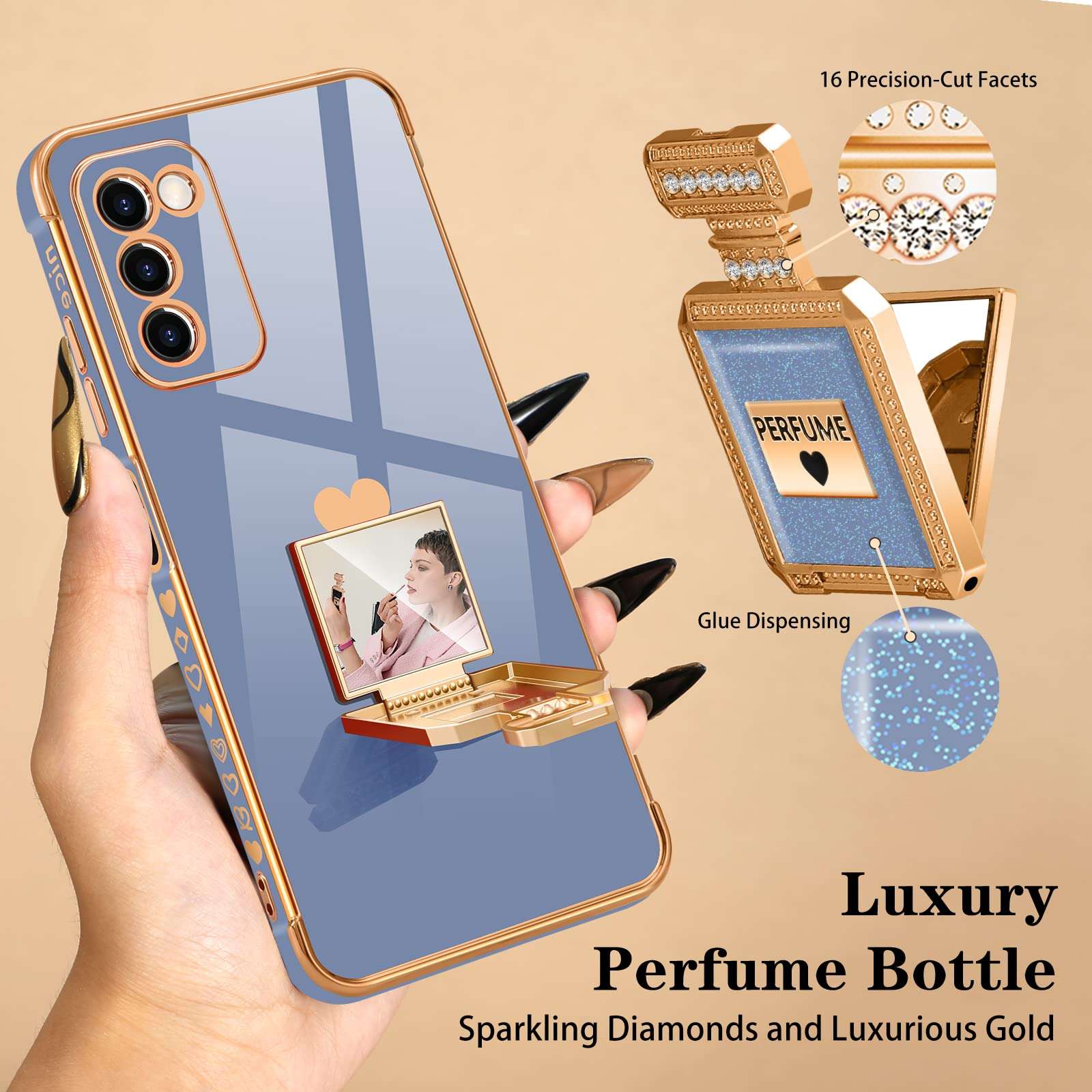 Buleens for Samsung Galaxy A03s Case with Metal Perfume Bottle Mirror Stand, Cute Women Girly Heart Cases for Galaxy A03s,Elegant Luxury Phone Cover for Samsung A03s 6.5'' Dark Blue 5