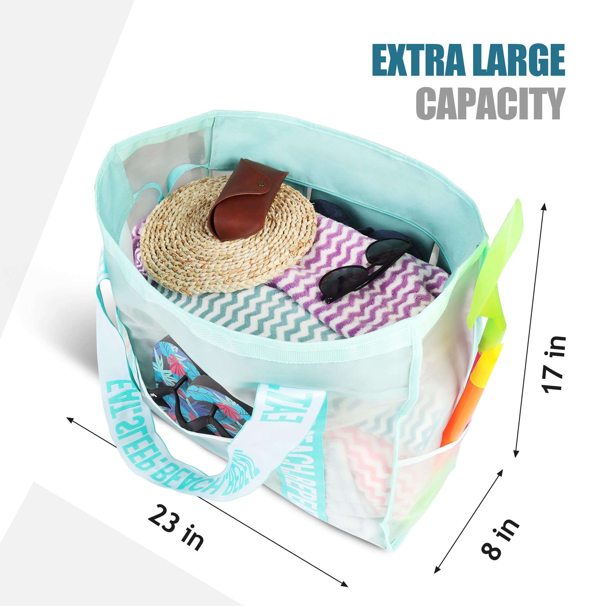 Primo Lines 31L Extra Large Teal Beach Bags 23 x 17 x 8 Mesh Beach Bag with Zipper, Large Beach Bag for Women - 2024 XL Mesh Tote Bag for Family Trip 5