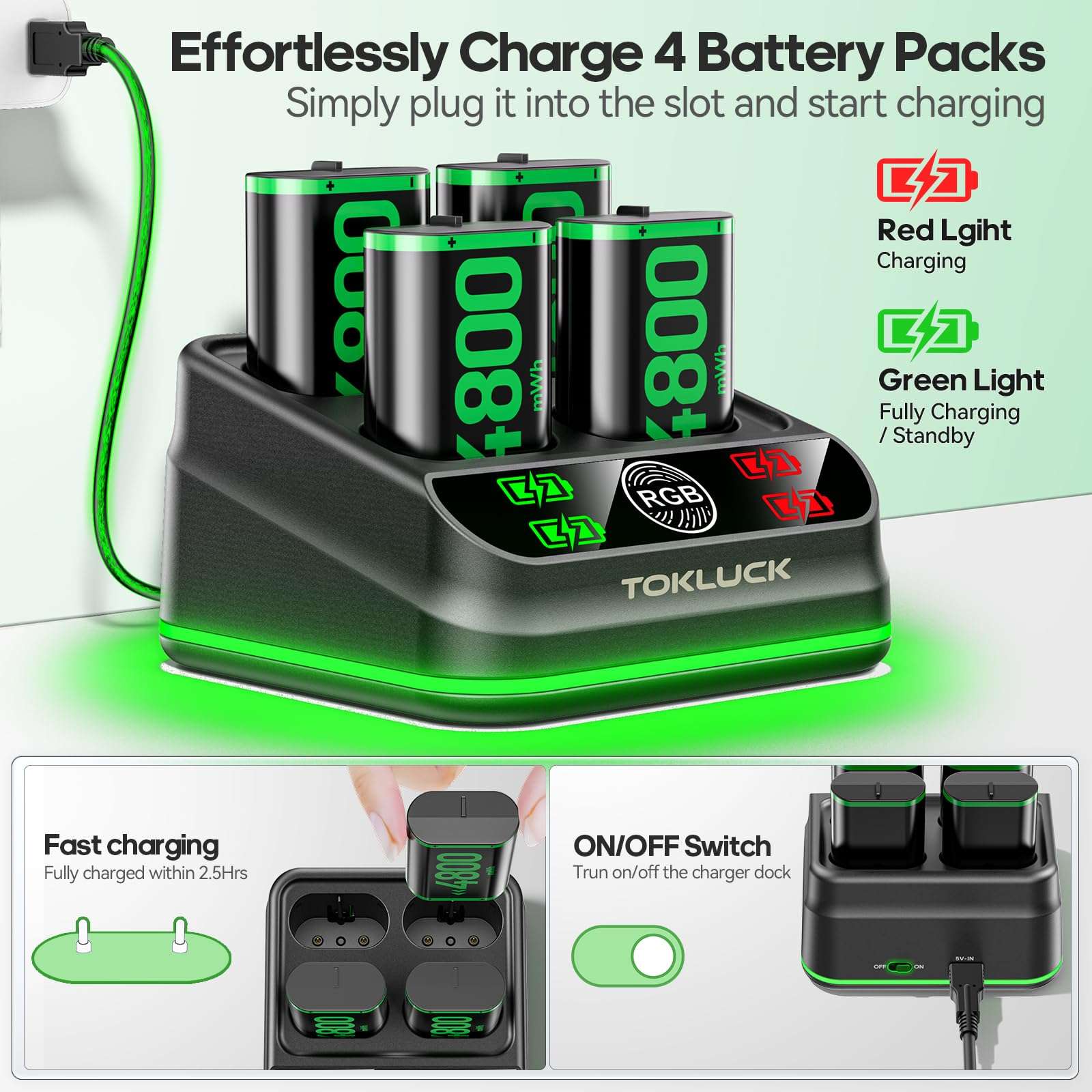 Tokluck Charger with 4 x 4800mWh Rechargeable Battery Packs for Xbox One/Xbox Series X|S, Rechargeable Batteries for Xbox Controllers with Charging Station for Xbox One/One S|X/Elite 4