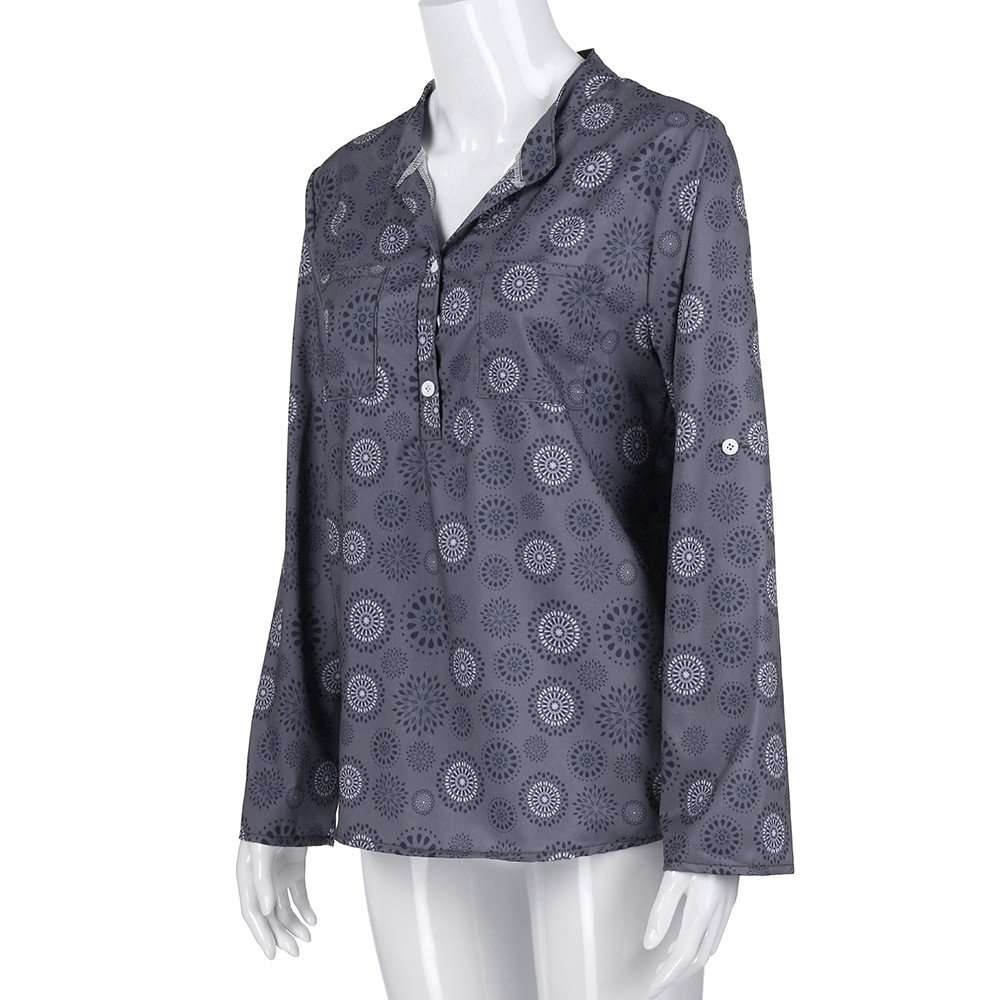 Blouse for Women Long Sleeve Kimloog Women Plus Size Print Long Sleeve Polka Dot Button Blouse Pullover Tops Shirt Gray 5