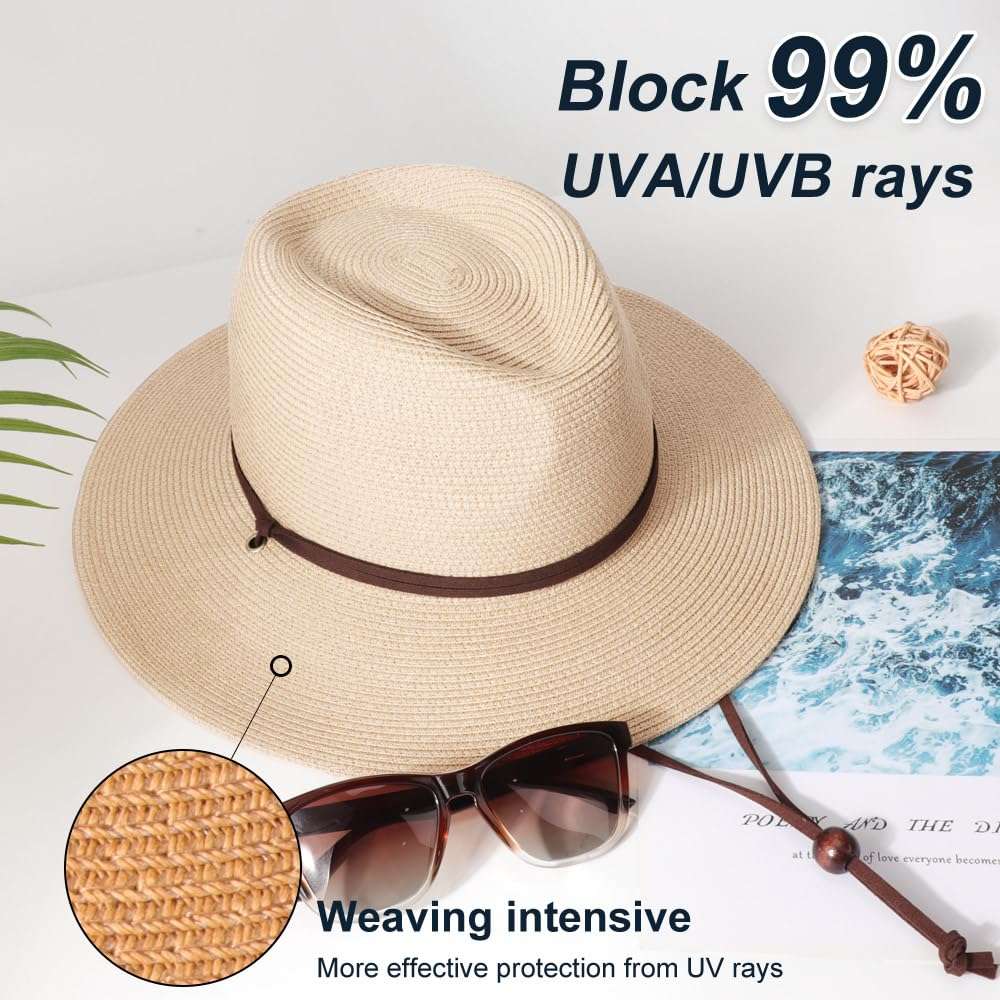 DRESHOW Womens Summer Straw Sun Hat Wide Brim Bucket Hats Fedora Hat Panama Beach Hat with Chin Strap UPF 50+ 5