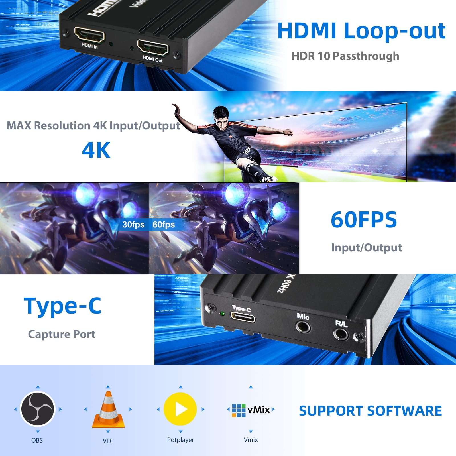 ORIVISION 4K60 HDMI Capture Card for Streaming,4K HDR10 Passthrough,4K Cam Link for Recording,Type C USB Audio Video Game Capture Card Device for Nintendo Switch/PS4/5/Xbox,Windows/MacOS/OBS/VLC/Vmix 4