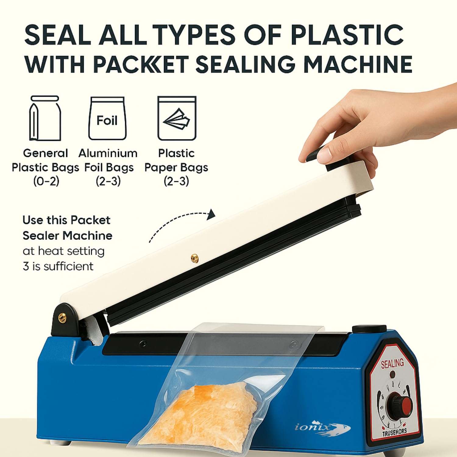 IONIX Sealing Machine for Food Packets | 1 Year Warranty, 8 Inch | Packet Sealer Machine, Packing Machine Sealing, Plastic Sealing Machine, Heavy metal Body From Full Customer Support (Blue - 200mm) 4