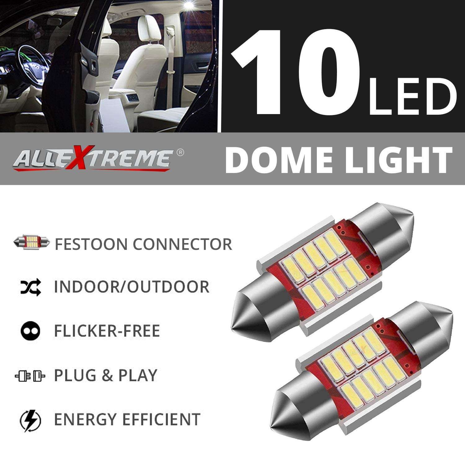 Allextreme EX10S1W 10 LED Universal Car Interior Super Bright Roof Light Reading Dome Bulb Lamp with Festoon Holder (5W, White, 1 Pc) 2