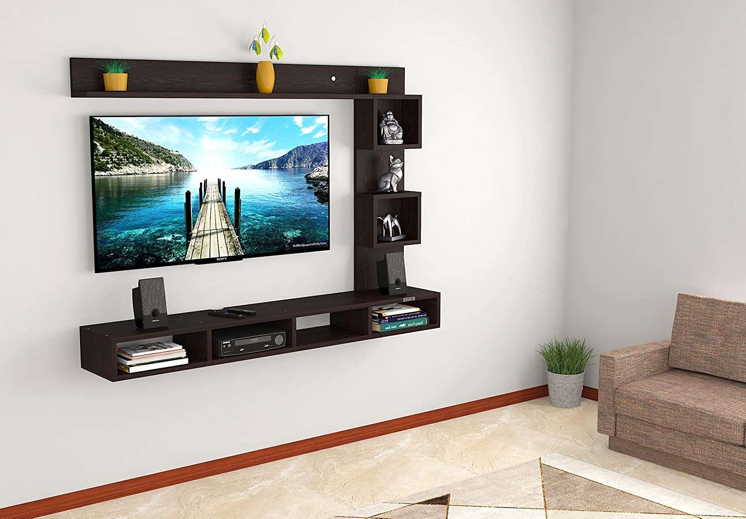 ERAWUD Maria Wall Mount TV Entertainment Unit/with Set Top Box Stand and Wall Shelf Display Rack Two Box for Living Room Wenge (Ideal for up to 55") Screen 4