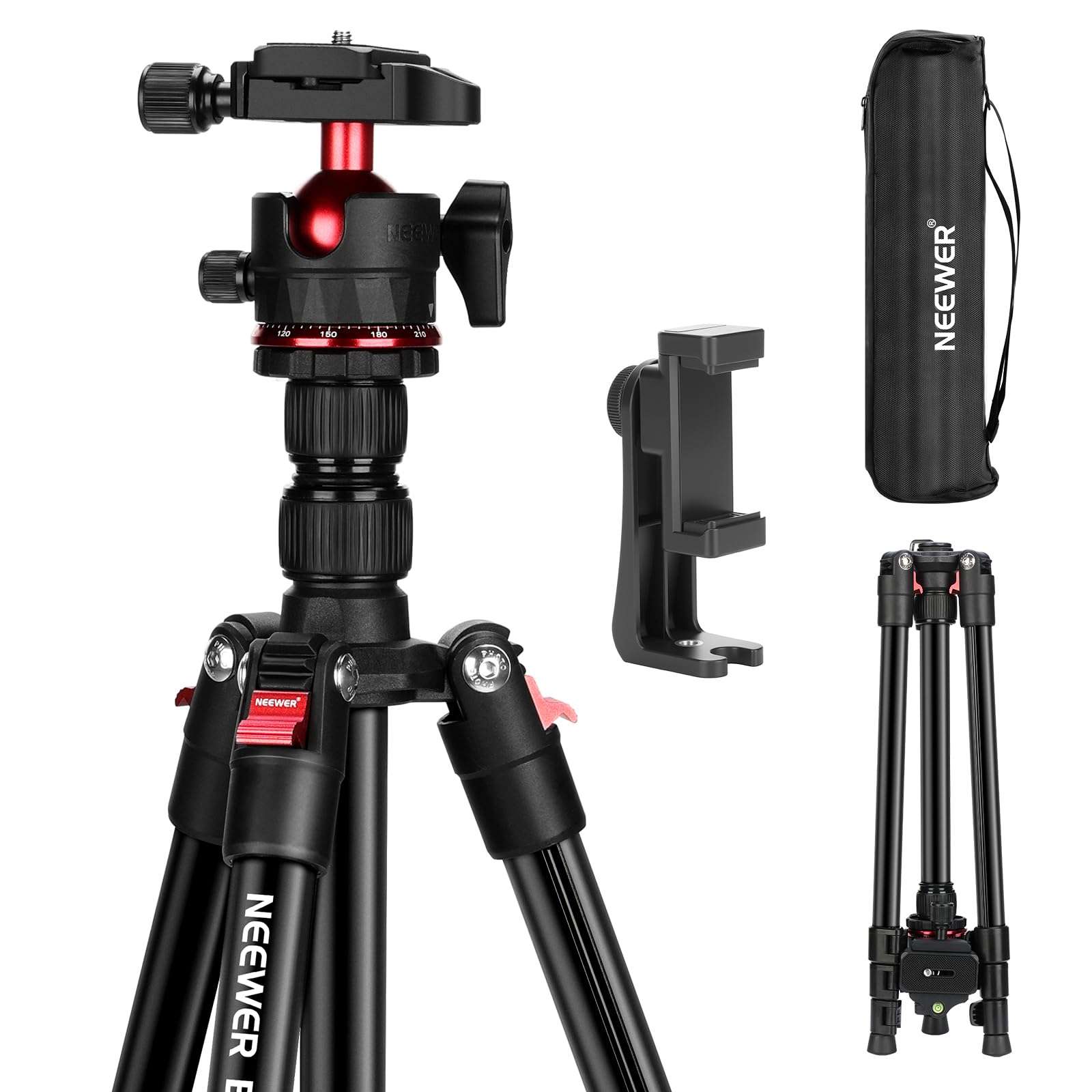 NEEWER Basics Travel Tripod for Camera, 72" Compact Lightweight Portable DSLR Stand, Ball Head, Arca Type QR Plate, Cell Phone Holder Compatible with iPhone Video Recording, Max Load 13.2 lbs, TP14