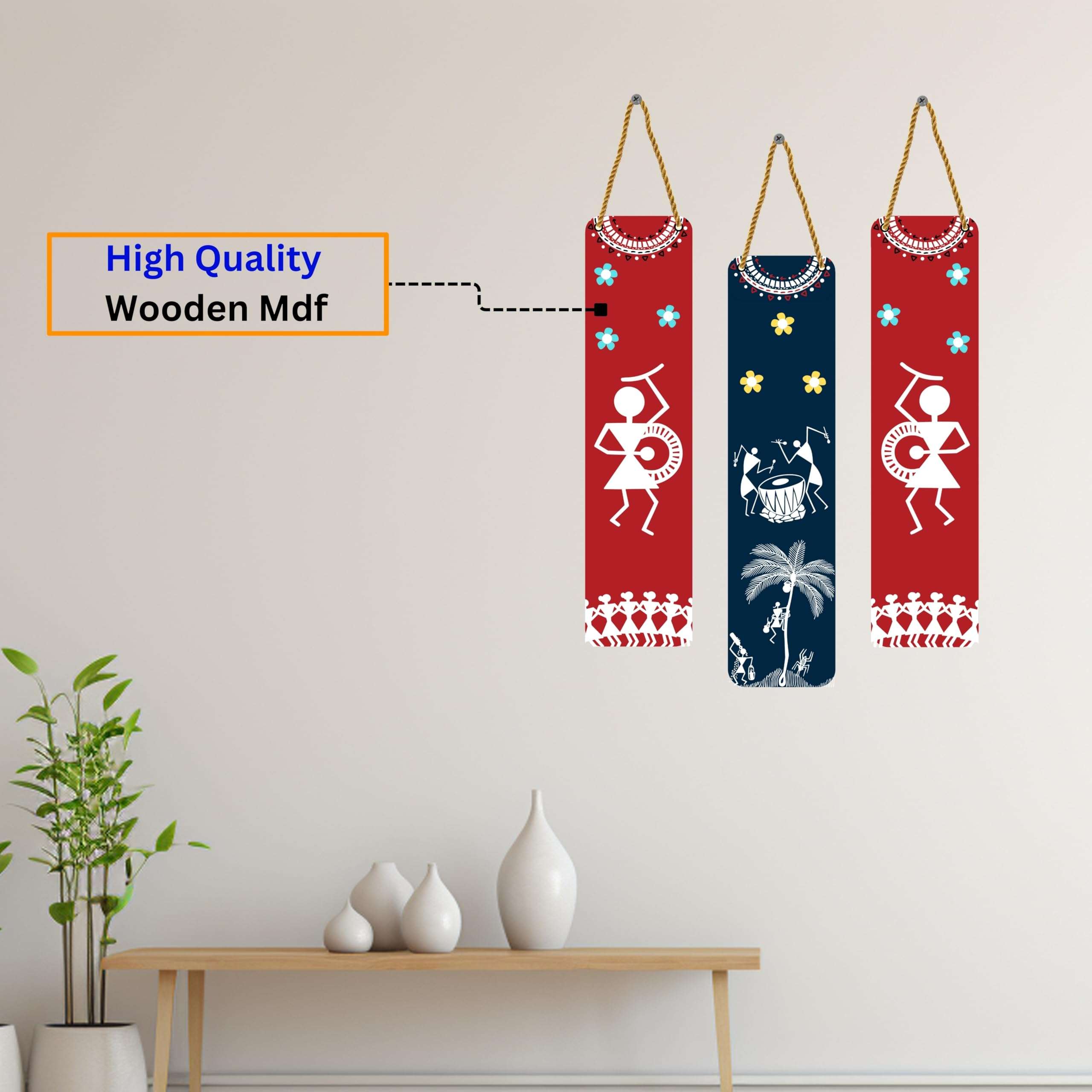 Karni Art - Traditional Warli Art Wooden Wall Hangings | Tribal Dance Design | Perfect Decorative item for Living Room, Bedroom, or Hotel | Ideal Gift for Home Decor Set of 3 5