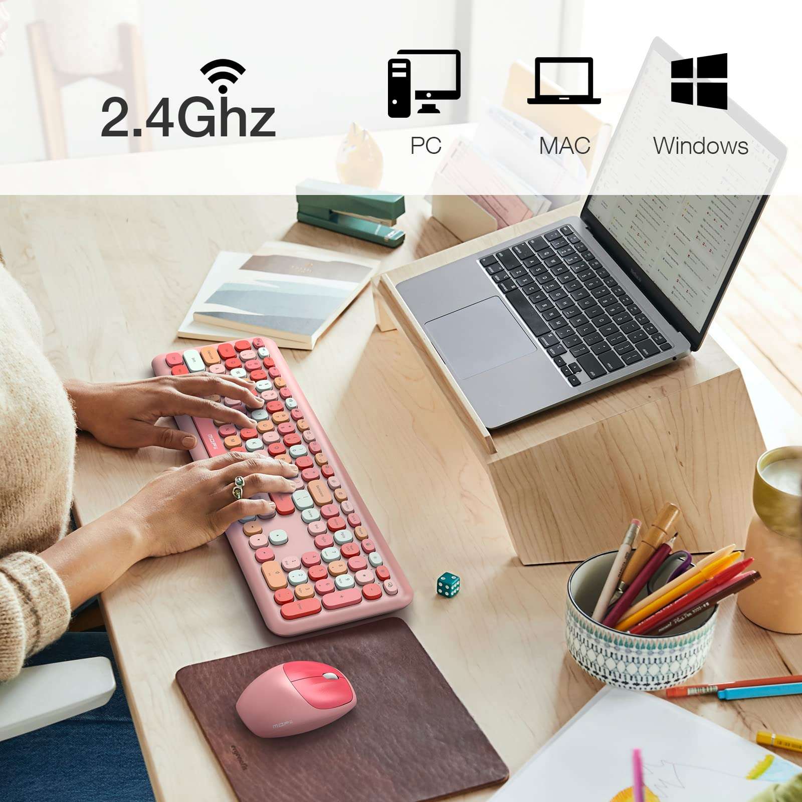 MOFII Wireless Keyboard and Mouse, Ergonomic Full Size Keyboard and Mouse Combo for Mac, Windows 7/8/10, Laptop, Desktop, PC, Computer (Pink Colorful) 3