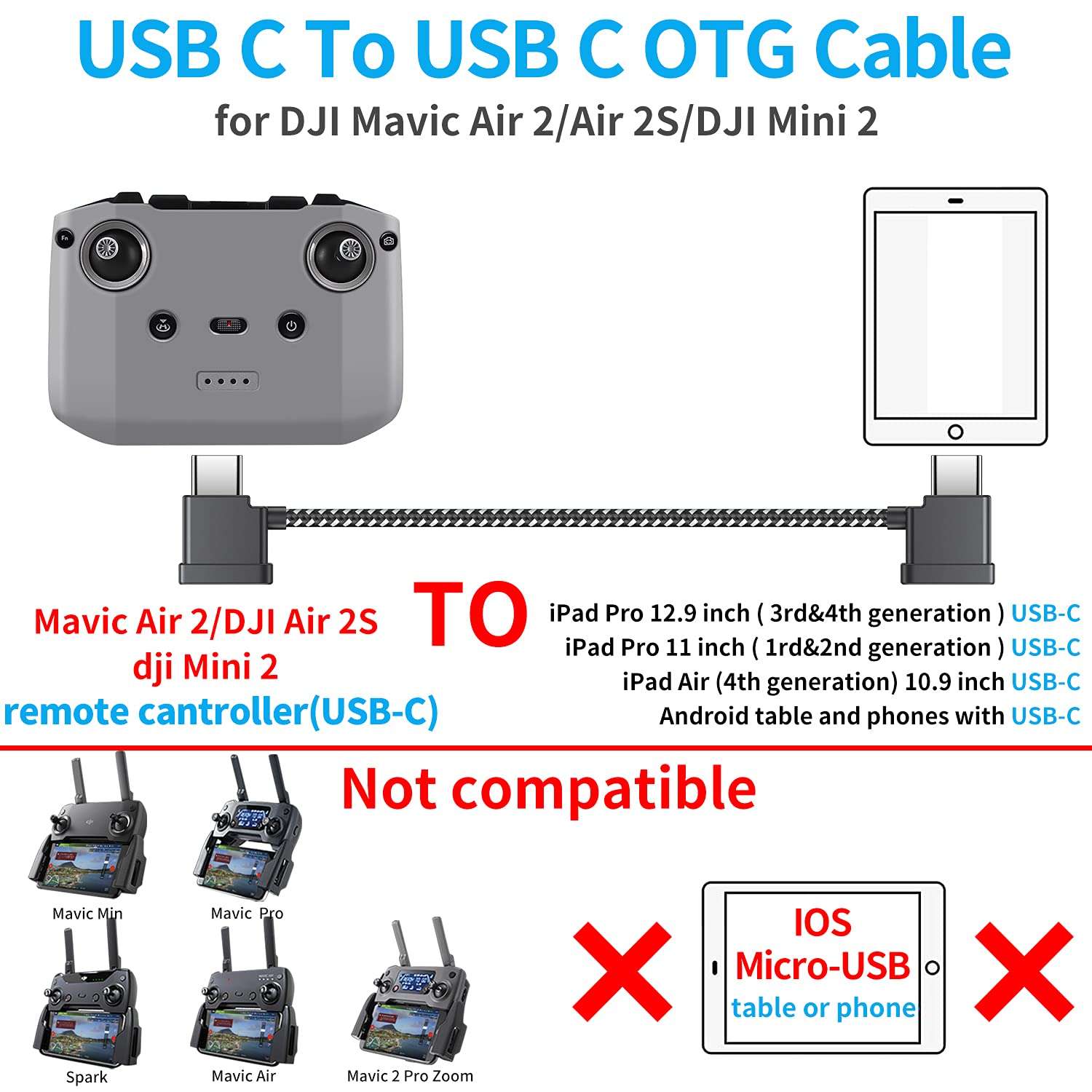 KOOWOD 1FT 90 Degree RC USB C to Type C Phone Tablet OTG Data Cable Right Angle Connector Cord for DJI Mavic 3, Mini 2, Mavic Air 2, Air 2S Remote Controller Accessories (1 Pack) 3