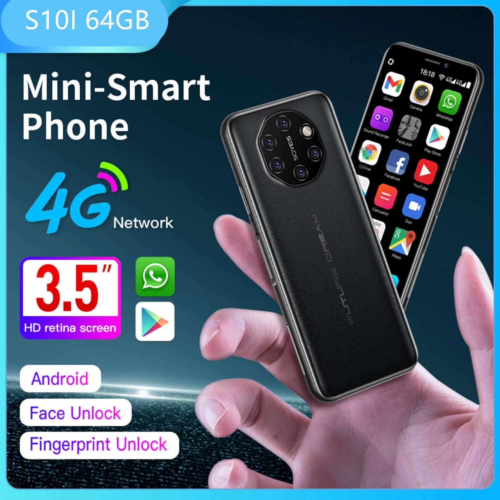 S10I Unlocked Mini 4G Android Smart Phone 3.5" Dual Sim Ultra Thin Card Student Palm Cellphone Compatible with Whatsapp Face Fingerprint 2050mAh Global Version (Star Black, 3GB+64GB) 2