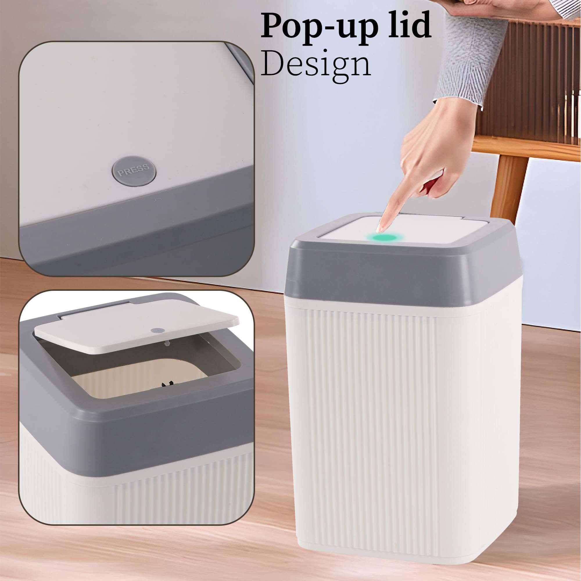 Heart Home 10 Ltr Plastic Waste Basket for Kitchen Dustbin with One Touch Press Open Lid | Office and Bathroom Dustbin Garbage Trash Can Bin | Portable Dust Bins for Home | Orbit | White 5