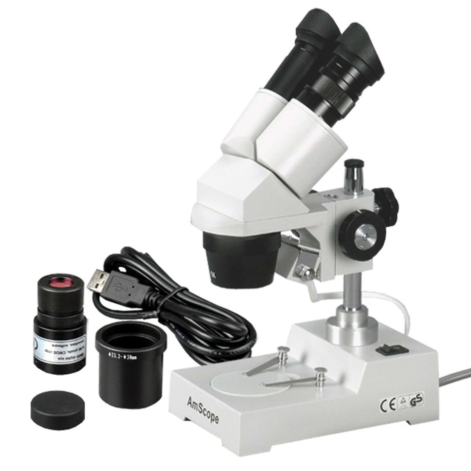 AmScope SE303-P-E Digital Binocular Stereo Microscope, WF10x Eyepieces, 10X and 30X Magnification, 1X and 3X Objectives, Tungsten Lighting, Reversible Black/White Stage Plate, Pillar Stand, 110V, Includes 0.3MP Camera and Software 4