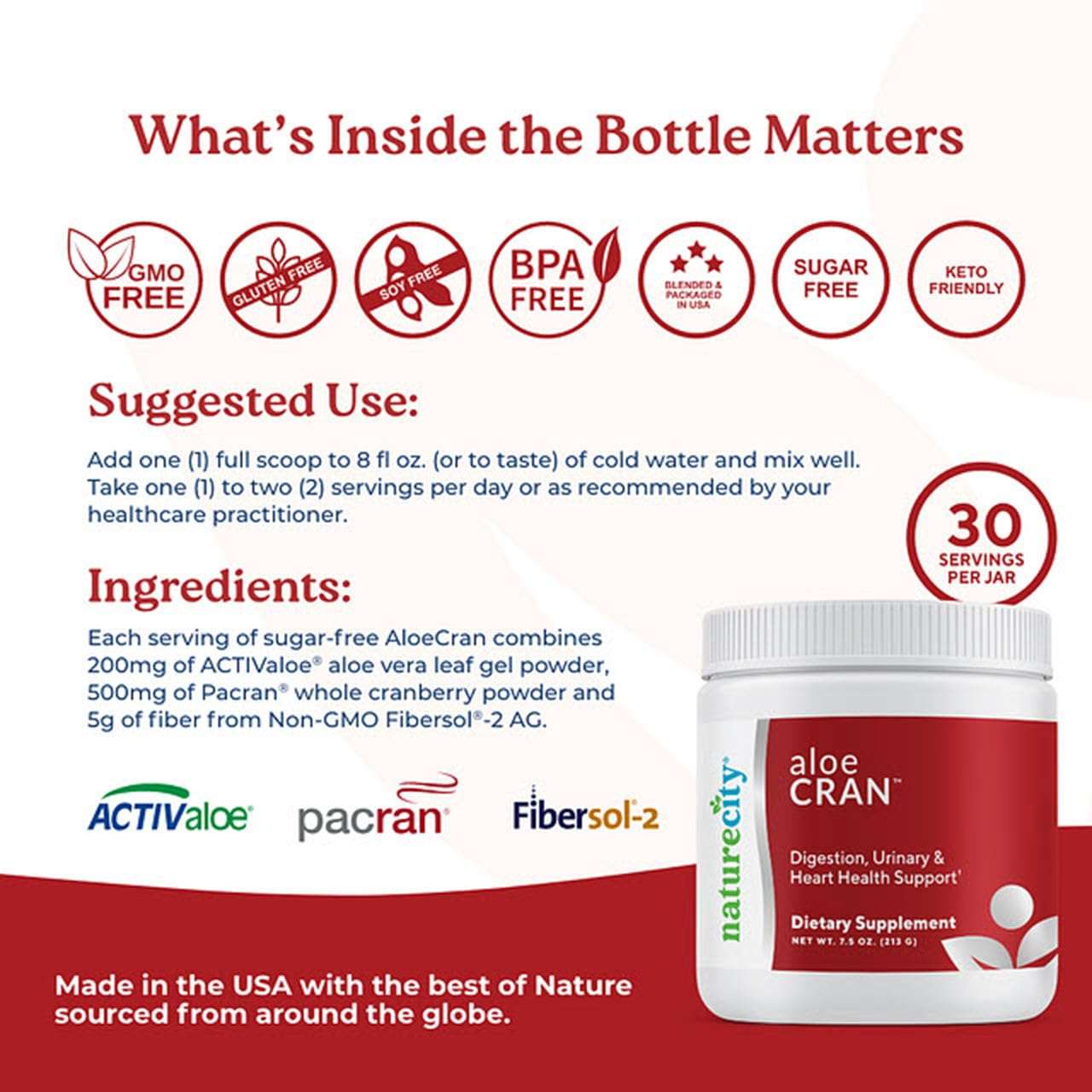 NatureCity Aloe-Cran Sugar Free Drink Mix Supplement| Aloe Vera and Whole Cranberry Powder with Dietary Fiber| Supports Digestion and Energy Levels|Great Sugar-Free Taste - 30 Servings 3