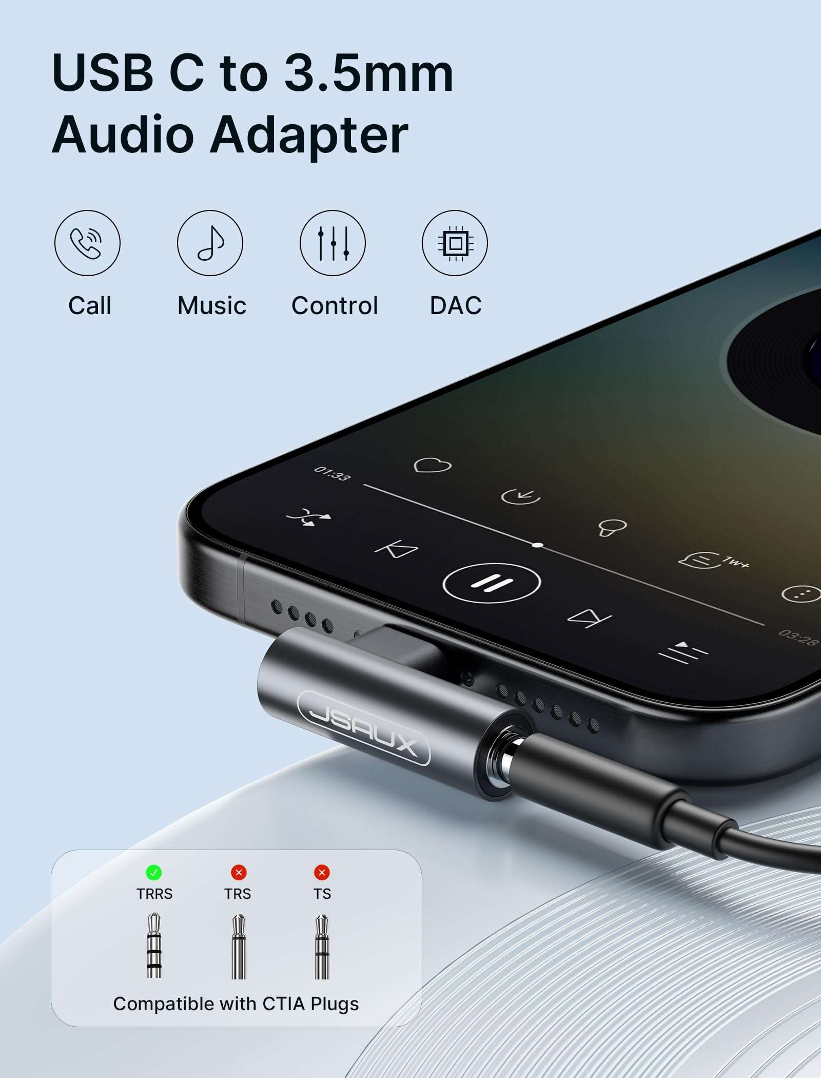 JSAUX USB Type C to 3.5mm Female Headphone Jack Adapter, USB C to Aux Audio Dongle Cable Compatible with Pixel 4 3 2 XL, Galaxy S22 S21 S20 S20-5G Ultra S20+ Note 20 10 S10 S9 Plus iPad Pro-Grey 2