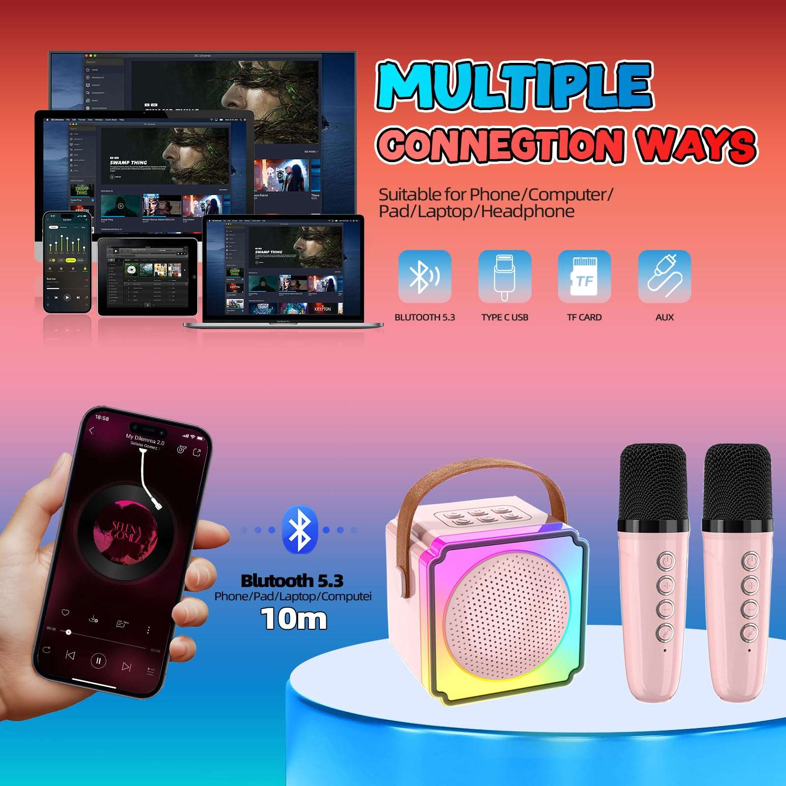 EFAILY Karaoke Machine for Kids, Christmas Birthday Gifts Toys Portable Bluetooth Speaker with 2 Wireless Microphones, Mini Karaoke Machine with LED Light for 4-12+ Years Old (Pink) 3