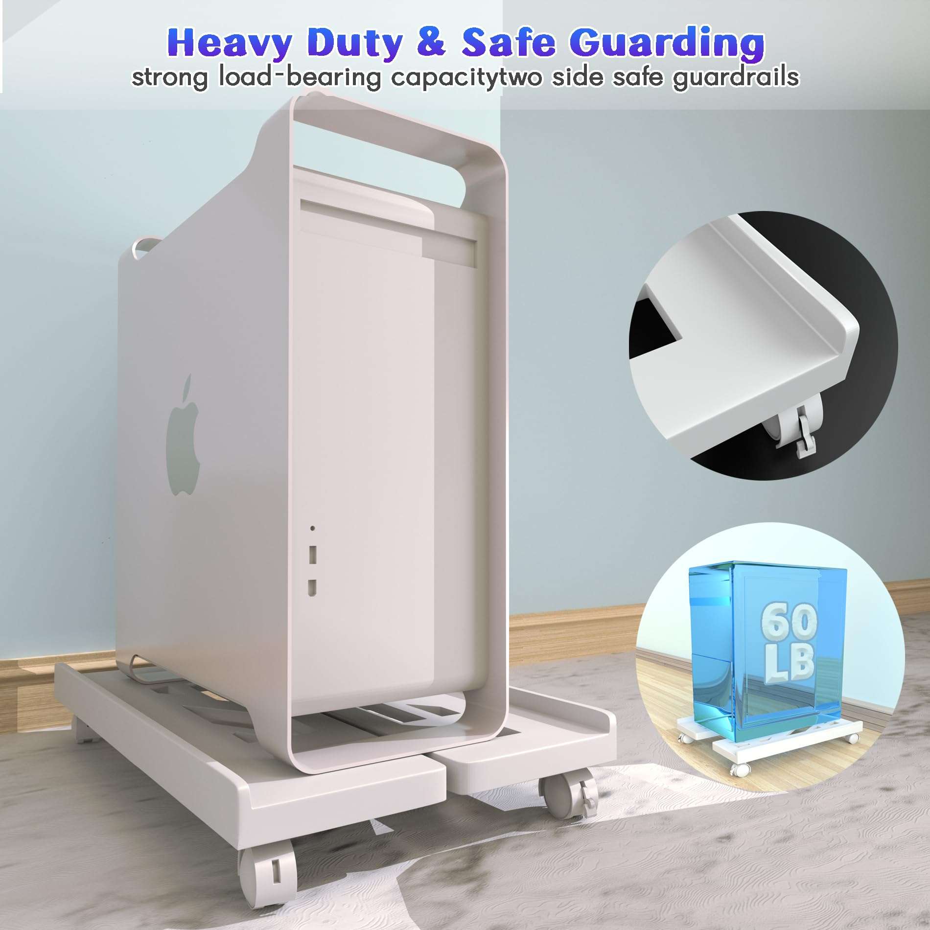 Qcdou Adjustable Mobile PC Tower Stand, Ventilated Under-Desk CPU Holder- 4 Smooth-Rolling Caster Wheels, PC Floor Cart, PC Riser, Perfectly Fit Most PC Gaming Desks Office- White 5