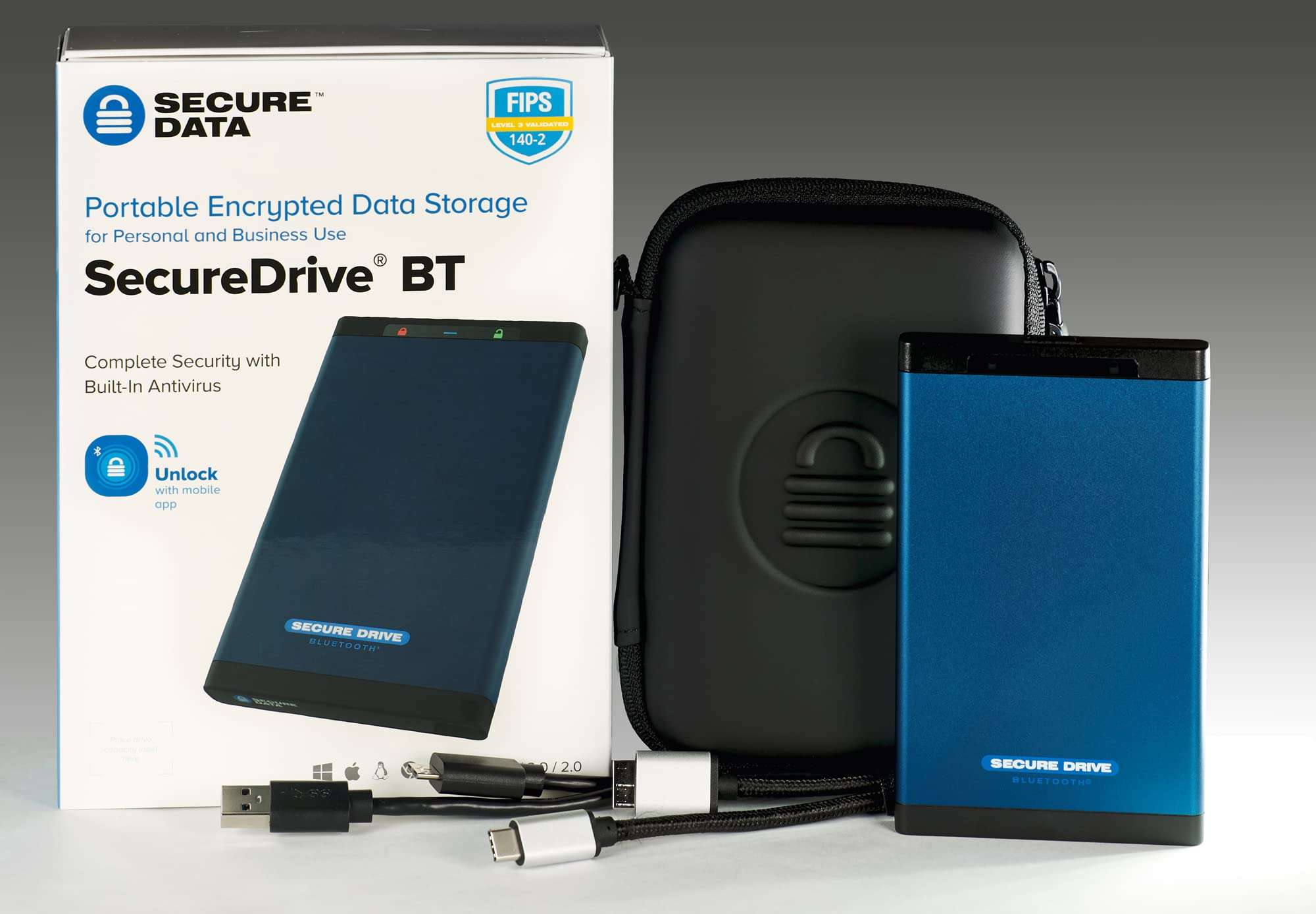 SecureData SecureDrive BT 4TB Hardware Encrypted USB 3.0 Ext Drive FIPS 140-2 Level 3 Unlock via Phone app TAA Compliant, CJIS, HIPAA, CMMC, GDPR Compliant, Works with Mac and Win Free AV 4