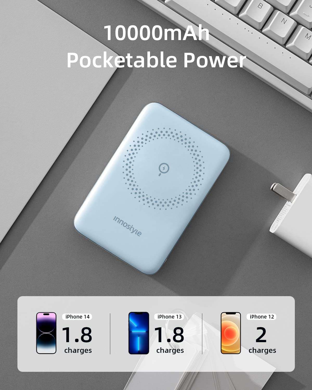 Innostyle 10000mah Magnetic Powerbank Charger, Wireless Magsafe Battery Pack, Portable Battery Charger with PD 20W Type C Fast Charging for iPhone 14/13/12-Blue 6
