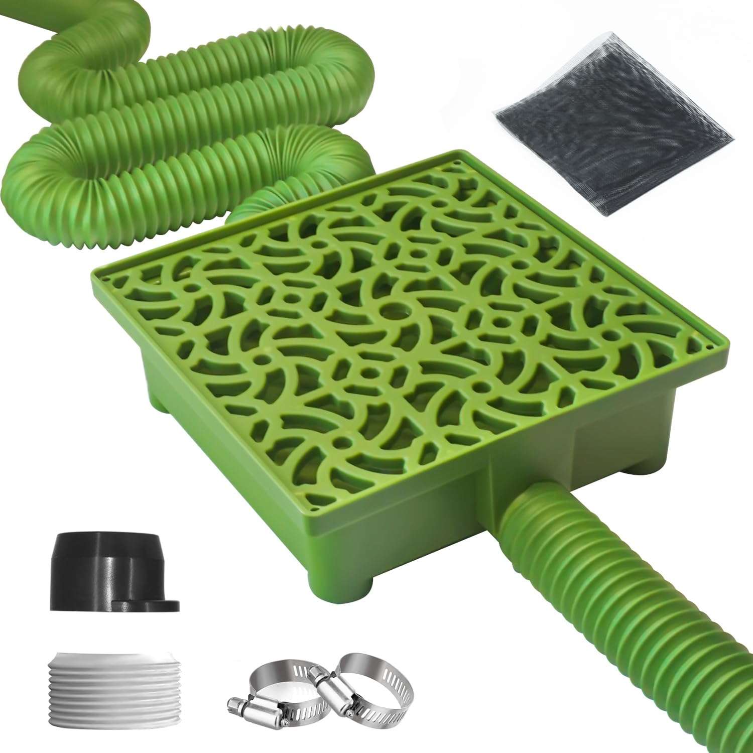 NAACOO Gutter Downspout Extensions Big Kit, Catch Basin + 2pcs Pipes, Low Profile Downspout Extender - Each Flexible Pipe is 8.2ft, 2 Pipes can Connected into Whole. Protect Foundation.(Grass Green) 1