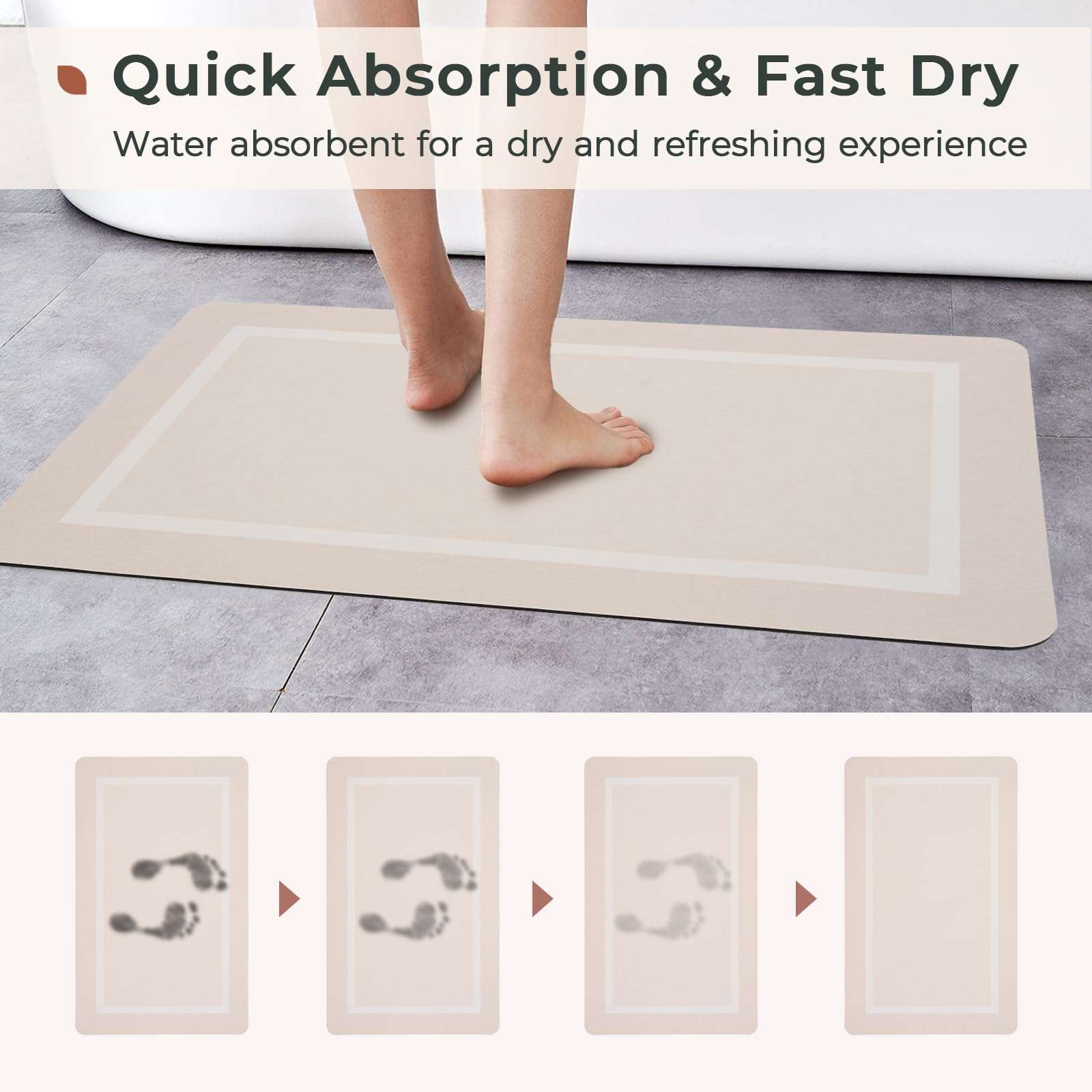 FRESHMINT Classic Border Rubber Bath Mat 24”x17”, Water Absorbent Bath Mat for Bathroom Floor, Non Slip Shower Mat Washable, Ultra Soft Microfiber Bathroom Mat Room Accessories, Beige 3