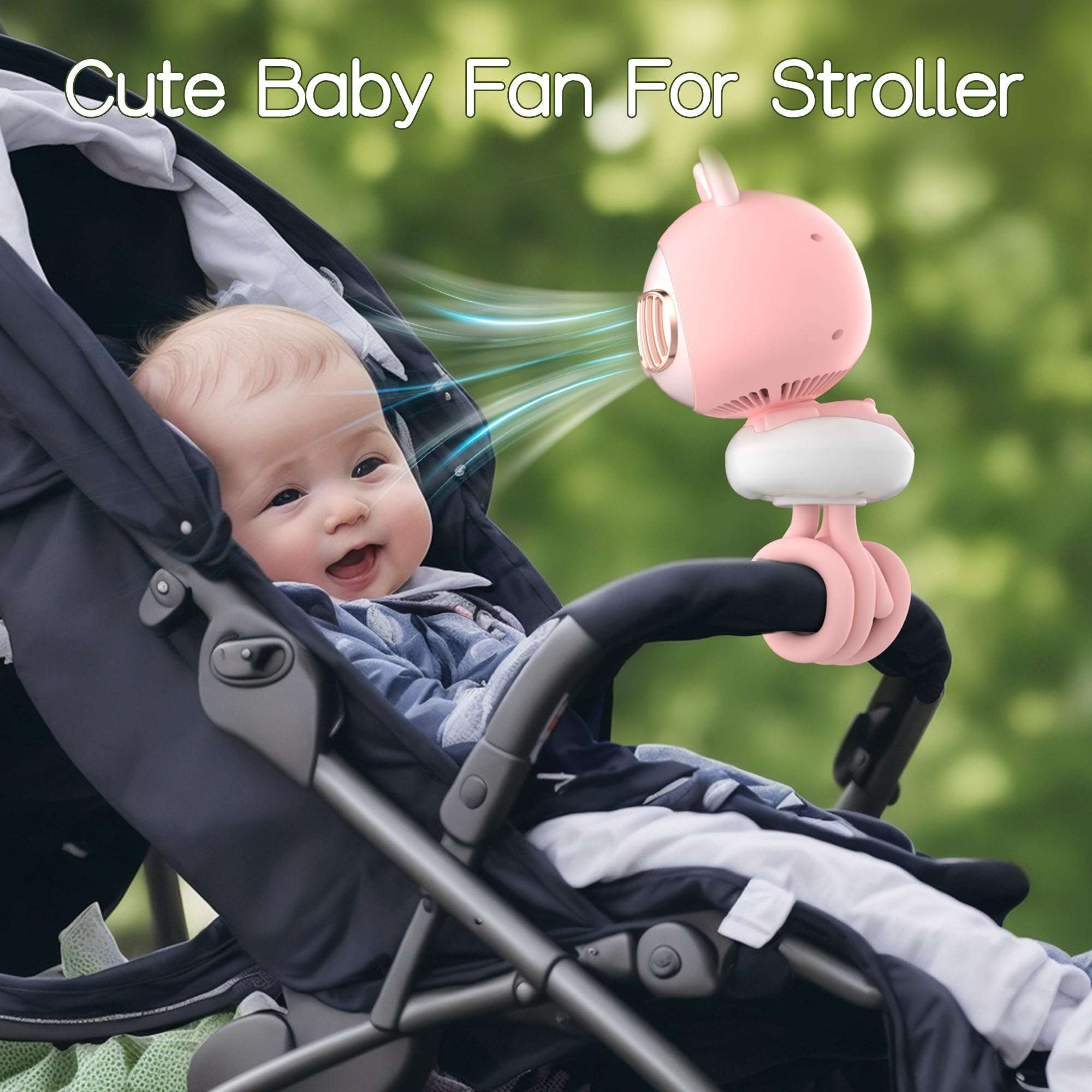 KinYiLO Cute Stroller Fan Clip On for Baby, Portable Bladeless Baby Fan, 4000mAh Rechargeable Battery Operated, Flexible Tripod, 4 Speeds, Auto Oscillating, Small Handheld Cooling Fan for Personal 3