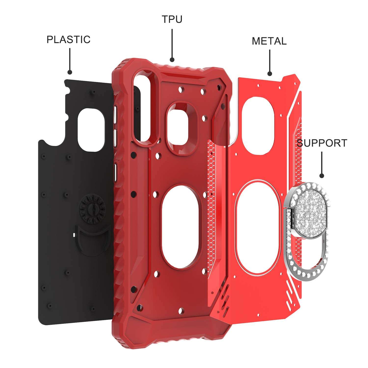 EnCASEs 2 in 1 Cell Phone Case with Bling CZ Rhinestone Kickstand for Samsung Galaxy A20 / A30 / A50, Aluminum Evolve Metal Jacket Hybrid Case, Shockproof Bumper Case, Red 3