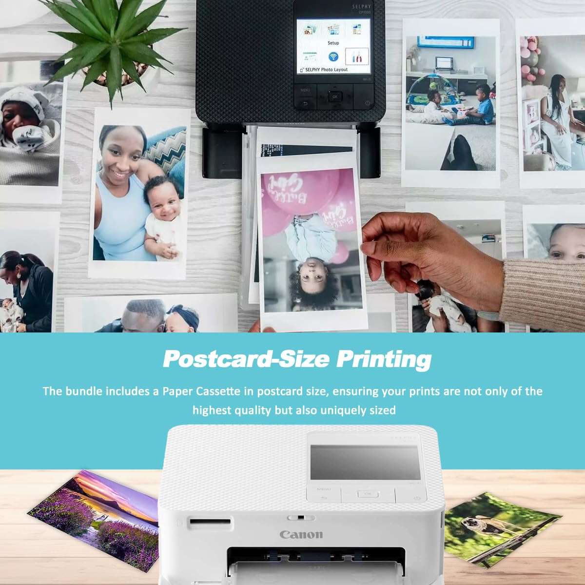 Canon Selphy CP1500 Wireless Compact Photo Printer (Black) with 2-Pack KP-108IN Color Ink Paper Set (216 Sheets of 4x6 Paper + 6 Ink Cartridges), Power Adapter & Deluxe Album 5