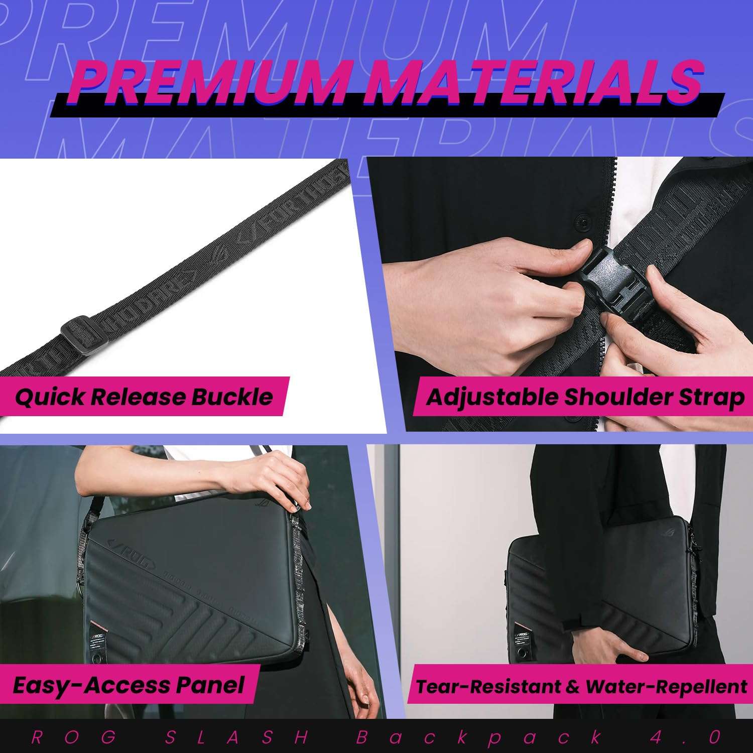 ASUS ROG Slash Sleeve Bag 4.0, Fit 16" Laptop, Adaptor, and Mouse, Tear-Resistant, Water-Repellent, PU Leather, Adjustable Shoulder Strap, Three-point Fixation Strap, Multiple Pockets, Black 5