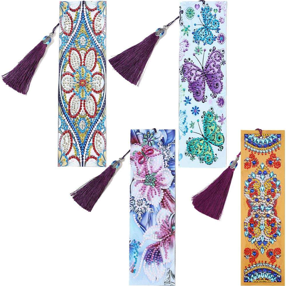 DIY Rhinestone Bookmark, Vacio 4 Pieces DIY Beaded Bookmark Creative Leather Tassel Bookmark 5D Diamond Painting Bookmarks Art Crafts for Kids Adult Beginner (A02) 1