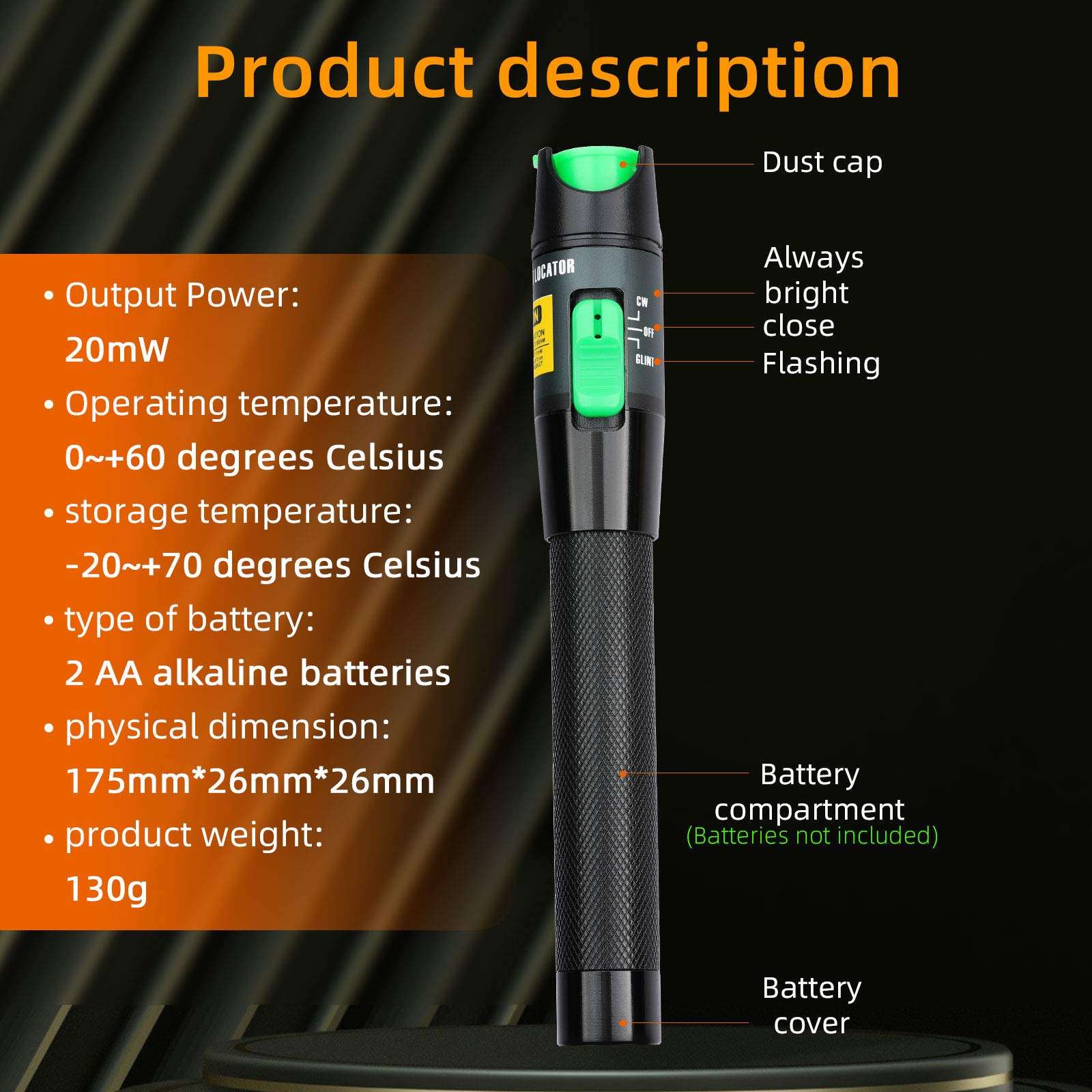 Aluminium Alloy 20km Visual Fault Locator Fiber Optic Cable Tester/VFL for FC,SC,ST & LC Adapter 6