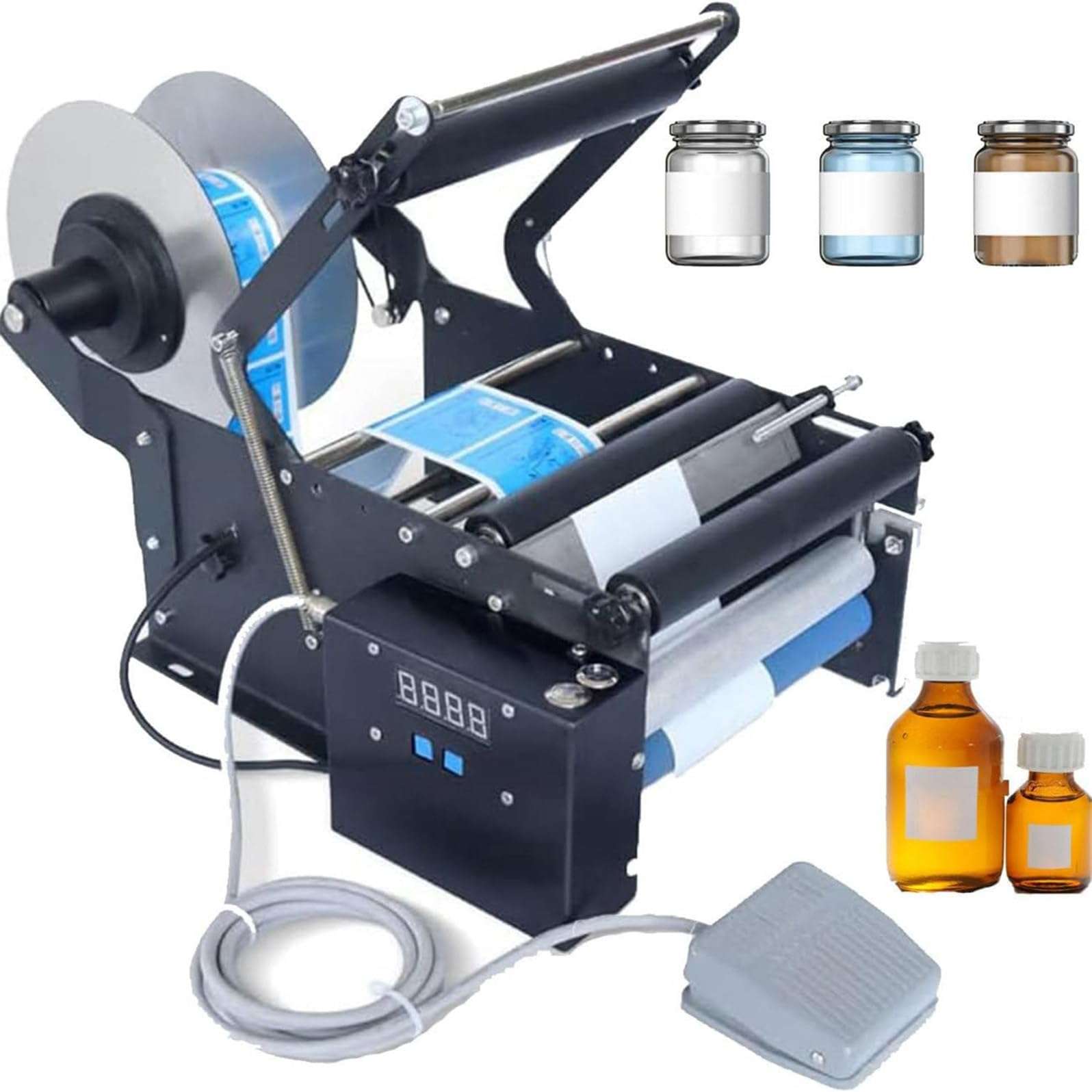 KJZQLMZ Round Bottle Labeler with Foot Pedal, Electric Labeler, Adjustable self-Adhesive Label Printer for cans and Bottles 1