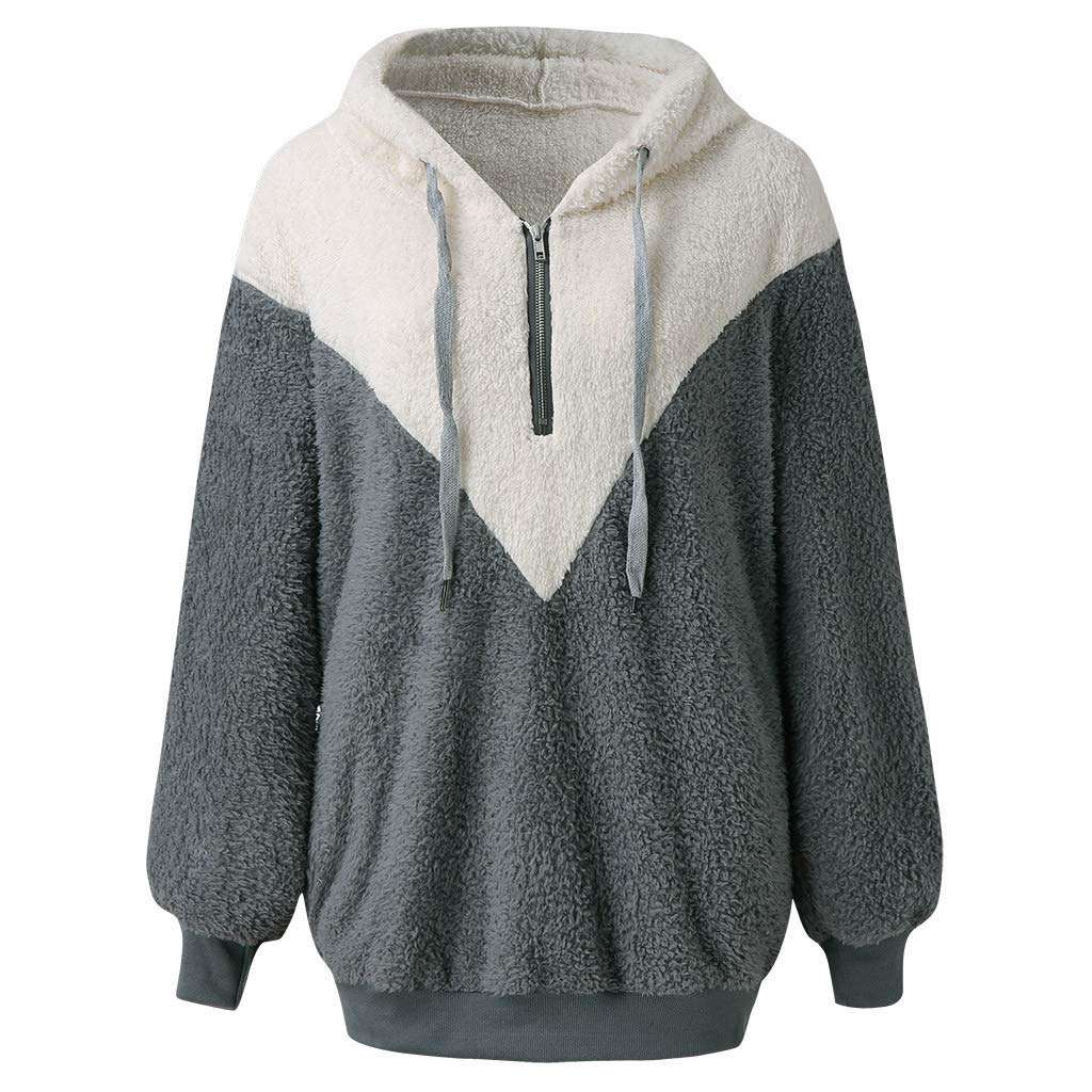 Womens Sweatshirts Fall Fleece Jackets Long Sleeves Shaggy Sherpa Pullover Winter Coats with 1/4 Zipper( Grey, 3X-Large ) 2