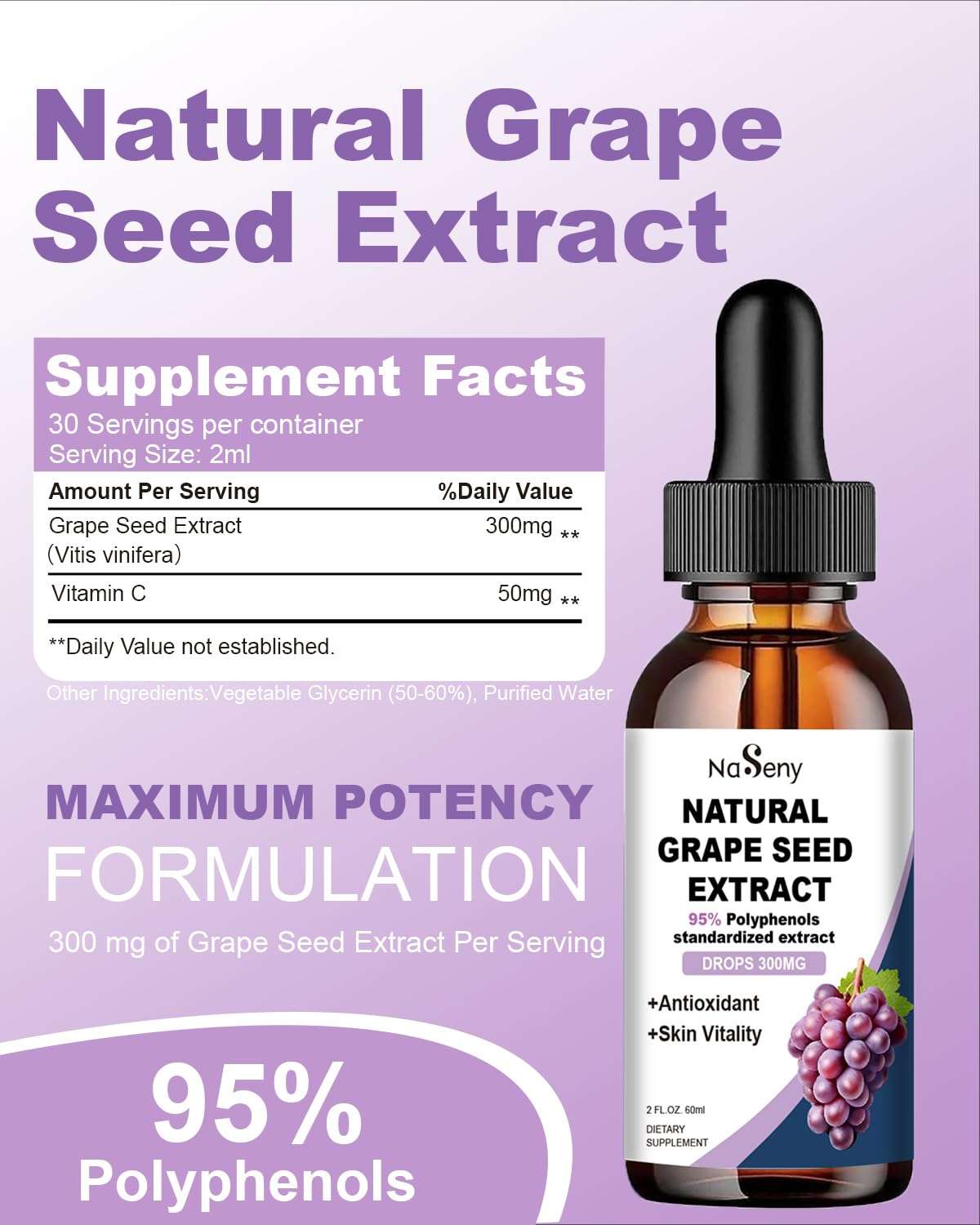 Natural Grape Seed Extract Drops-300 mg Grape Seed Extract Liquid Supplement - Maximum Strength Vitis Vinifera Seed Tincture, Standardized to 95% Polyphenols, Non-GMO, Gluten Free (60ml) 4
